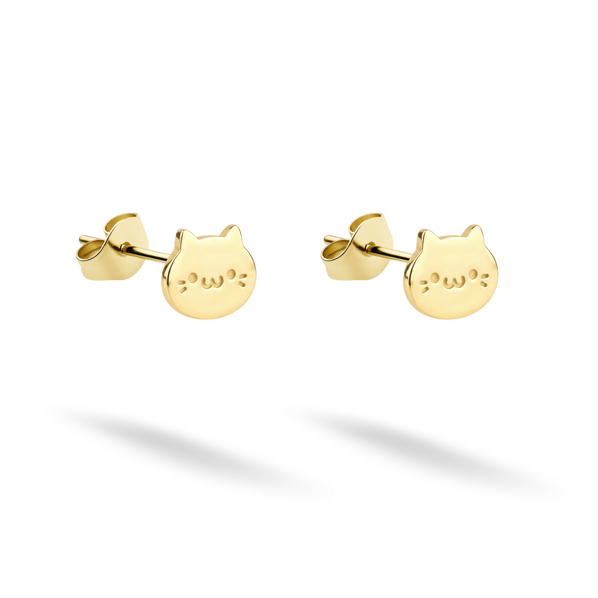 Cute cat stud earrings in gleaming 14K yellow gold with a tiny whiskered face