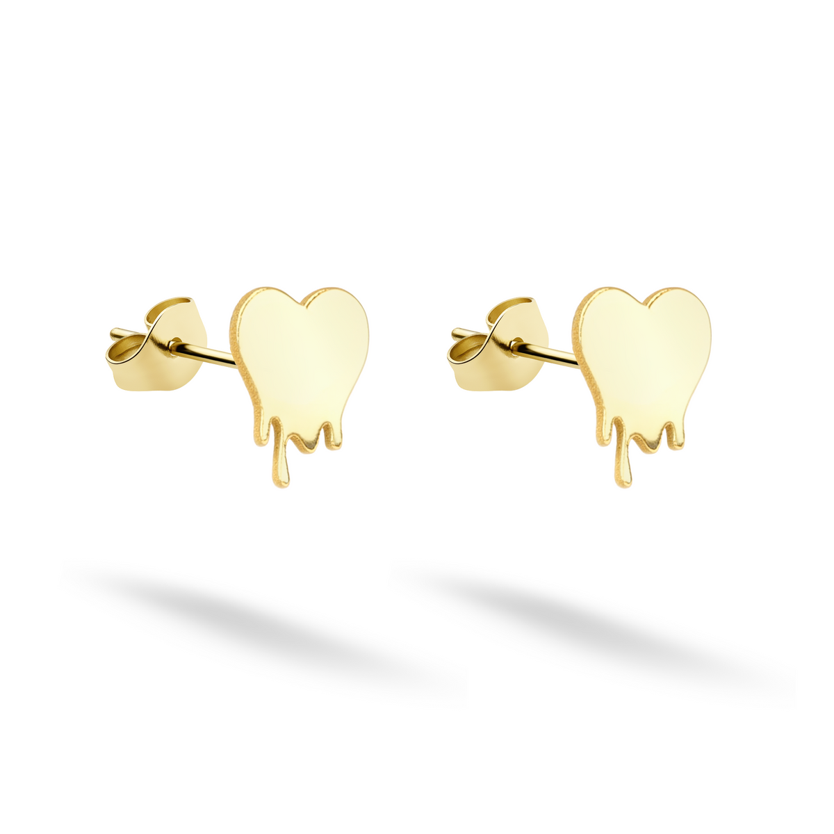 Melted heart stud earrings shown in polished 14K yellow gold on a clean white background