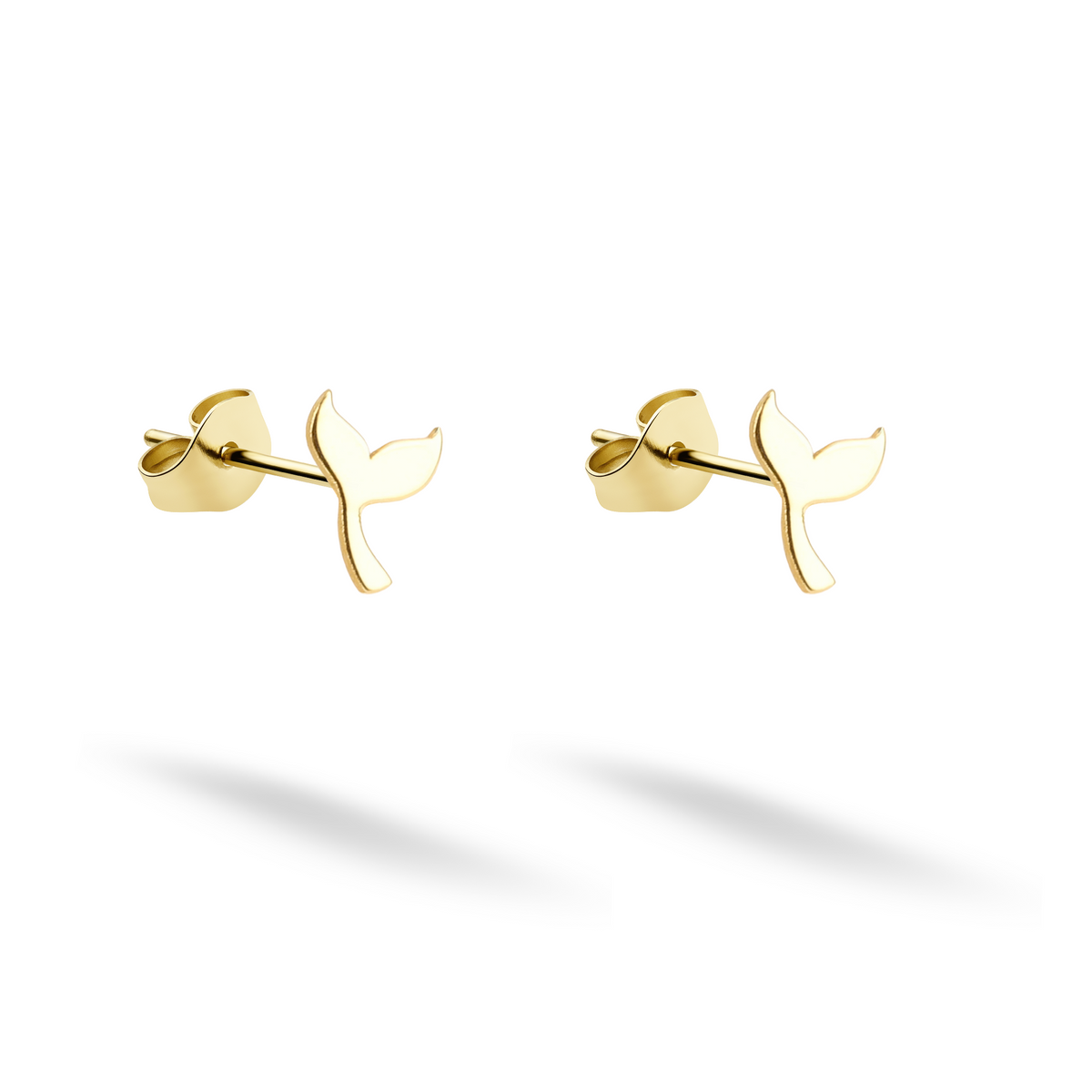 Whale tail stud earrings in reflective 14K yellow gold with sweeping flukes