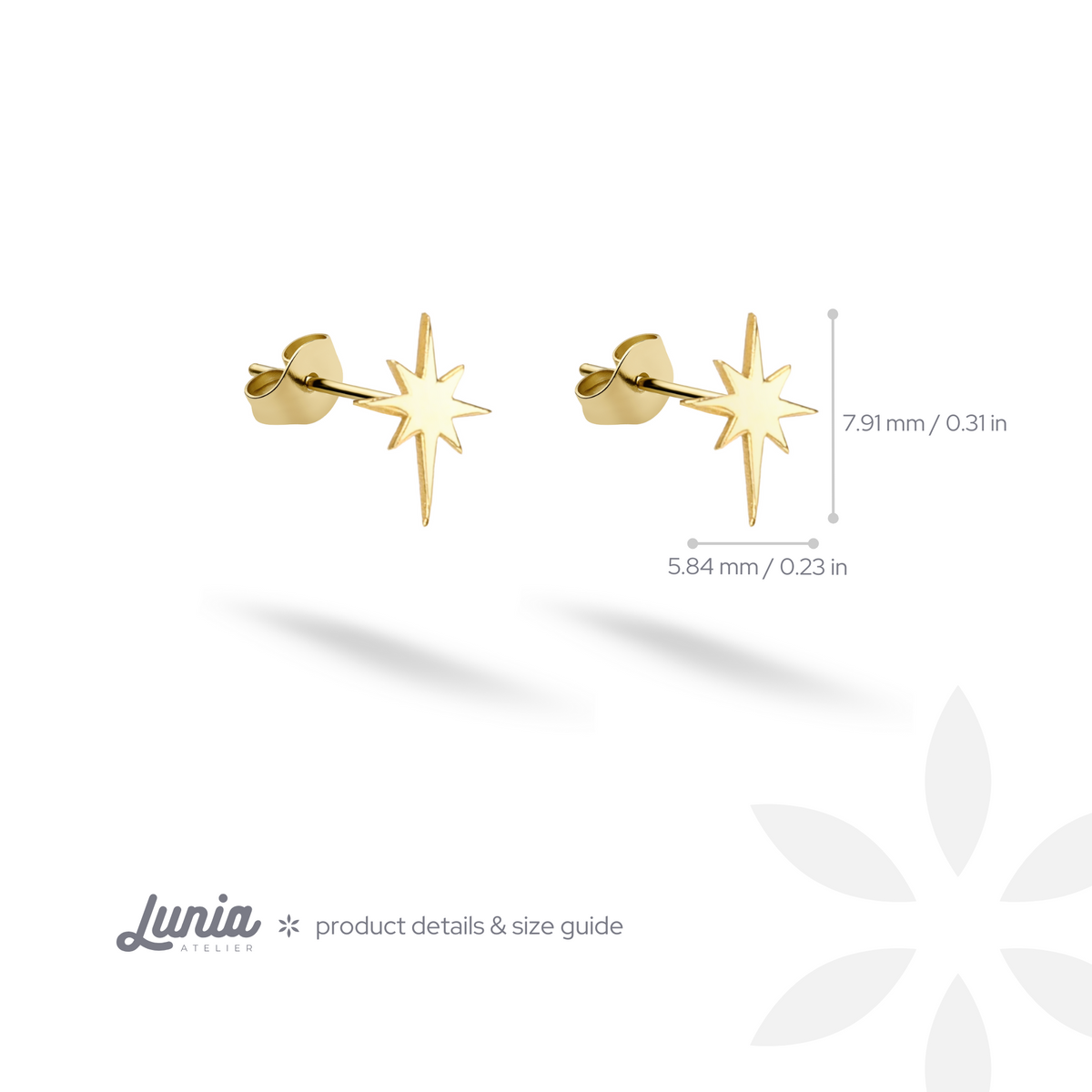North star earring size diagram showing the compact width and height
