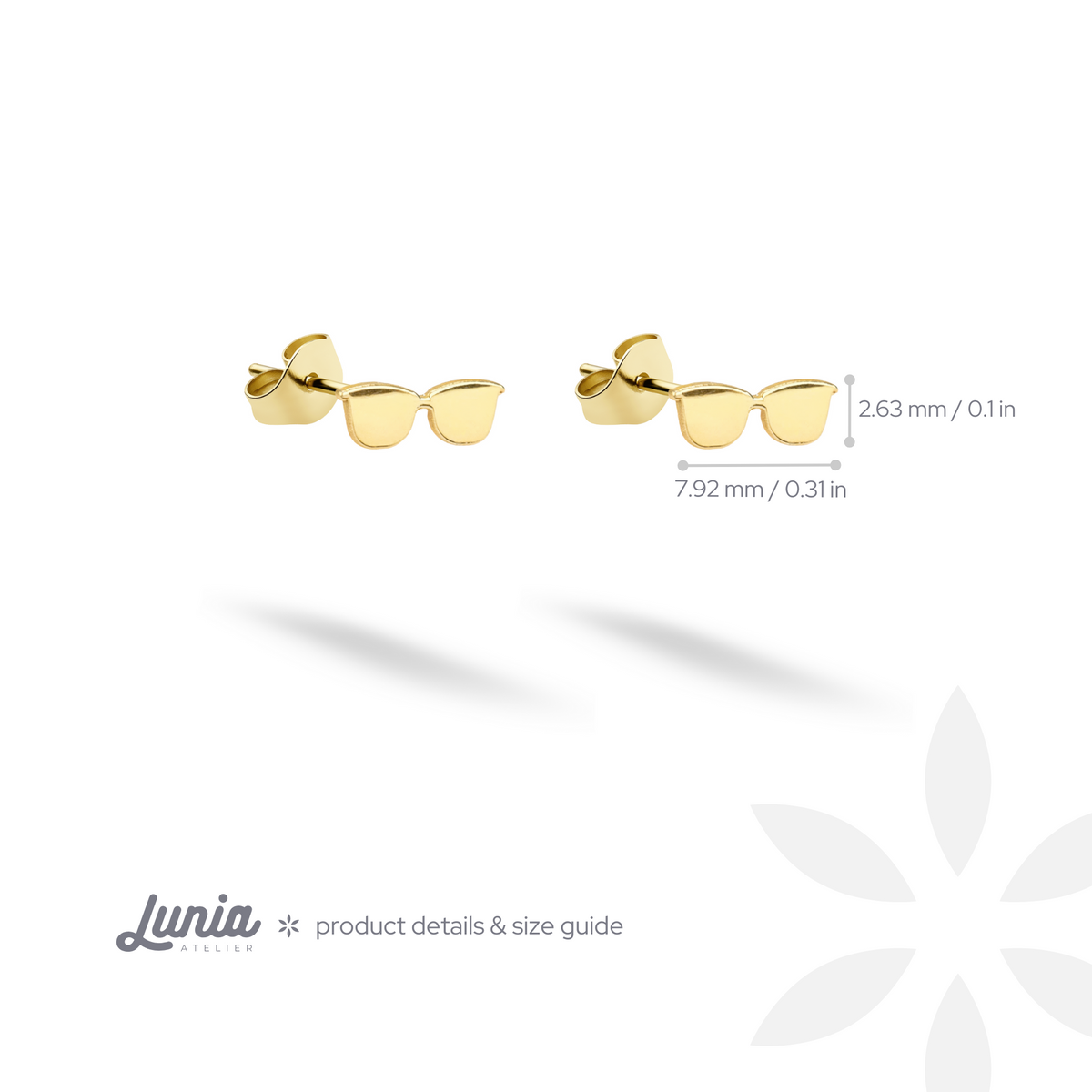 Sunglasses stud earring size chart showing the wide low-profile design