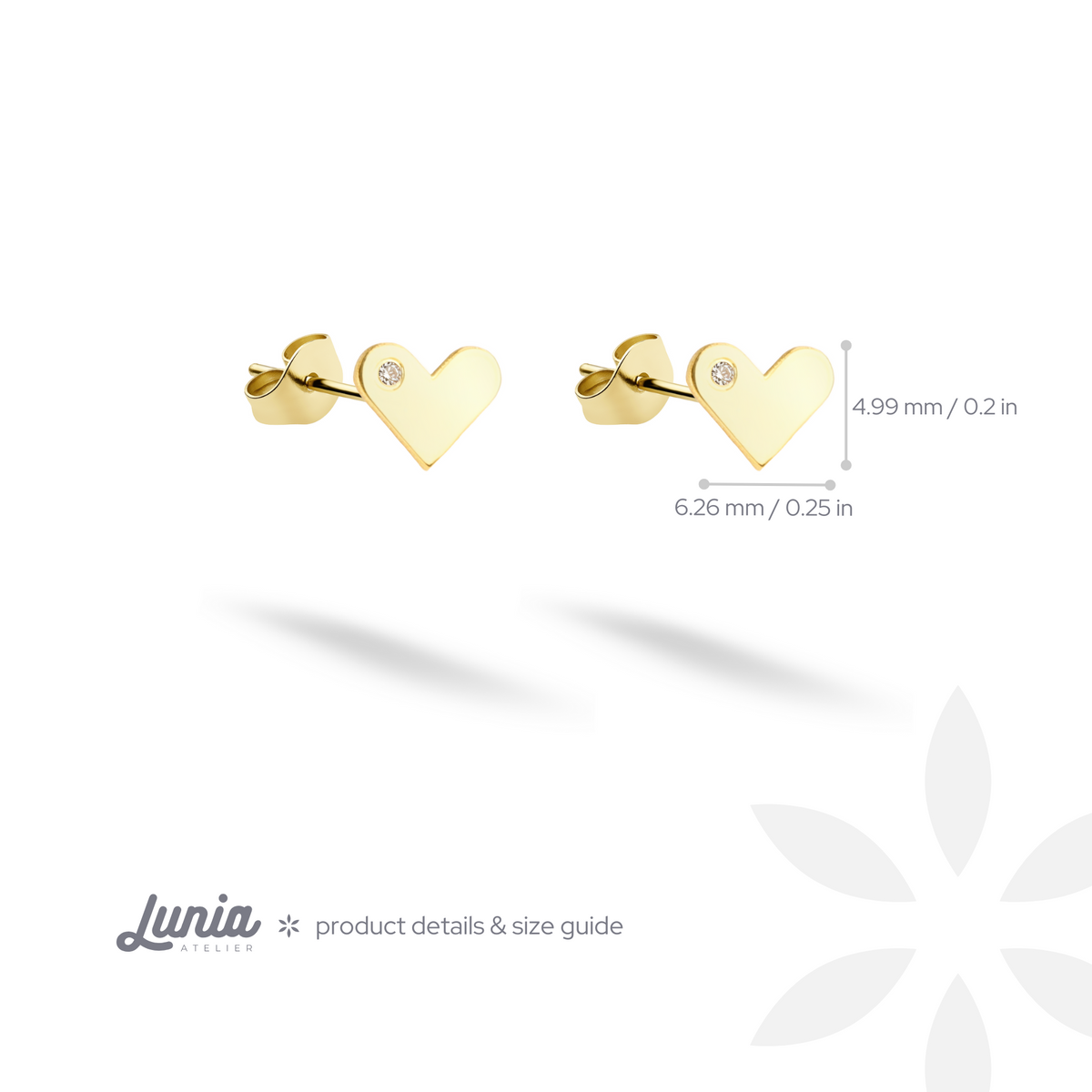 Heart stone stud size guide with precise width and height annotations
