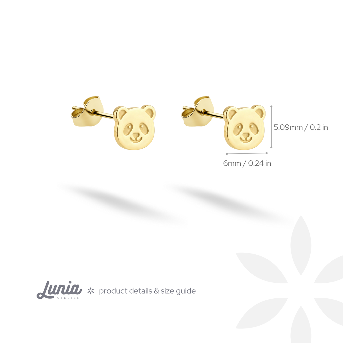 At 6.0 by 5.092 mm, the rounded panda face appears in this earring scale illustration