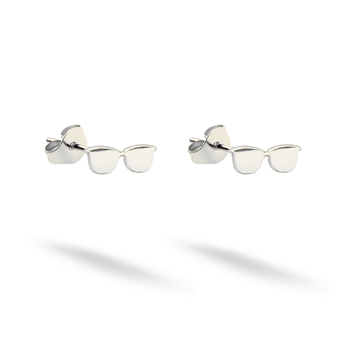 Miniature eyewear-shaped studs photographed in mirror-bright 14K white gold