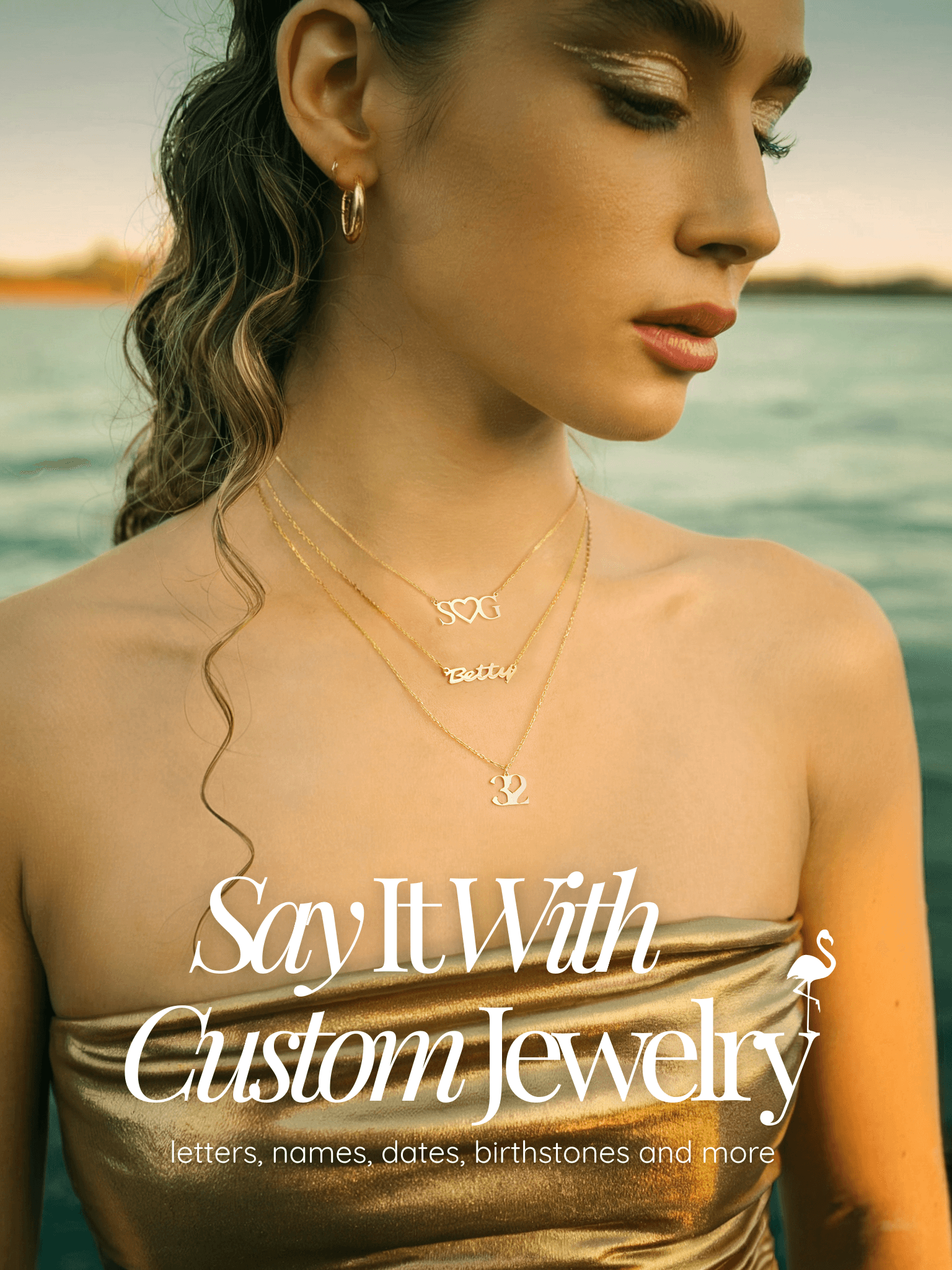 14k custom gold jewelry with initials and names, handcrafted personalized designs for everyday wear