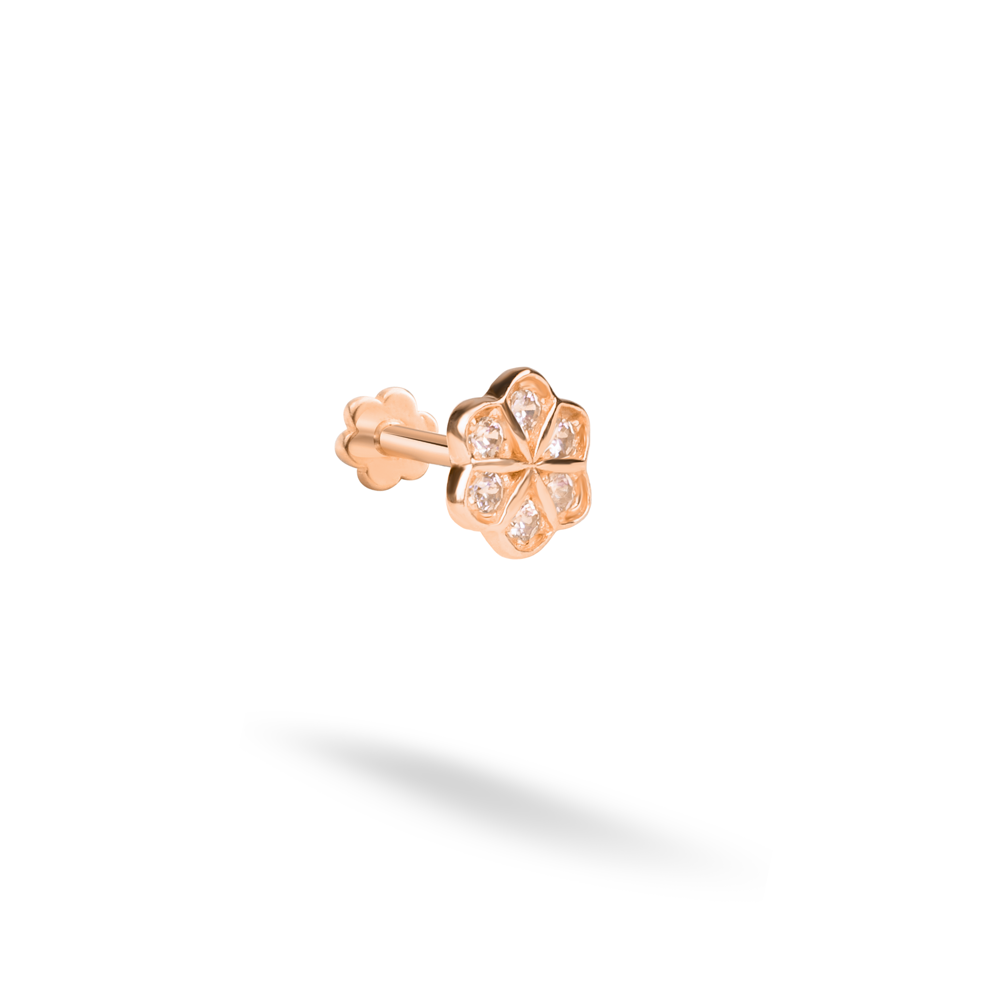 14K Gold Flatback Ear Piercing with Pink Flower and CZ Stone
