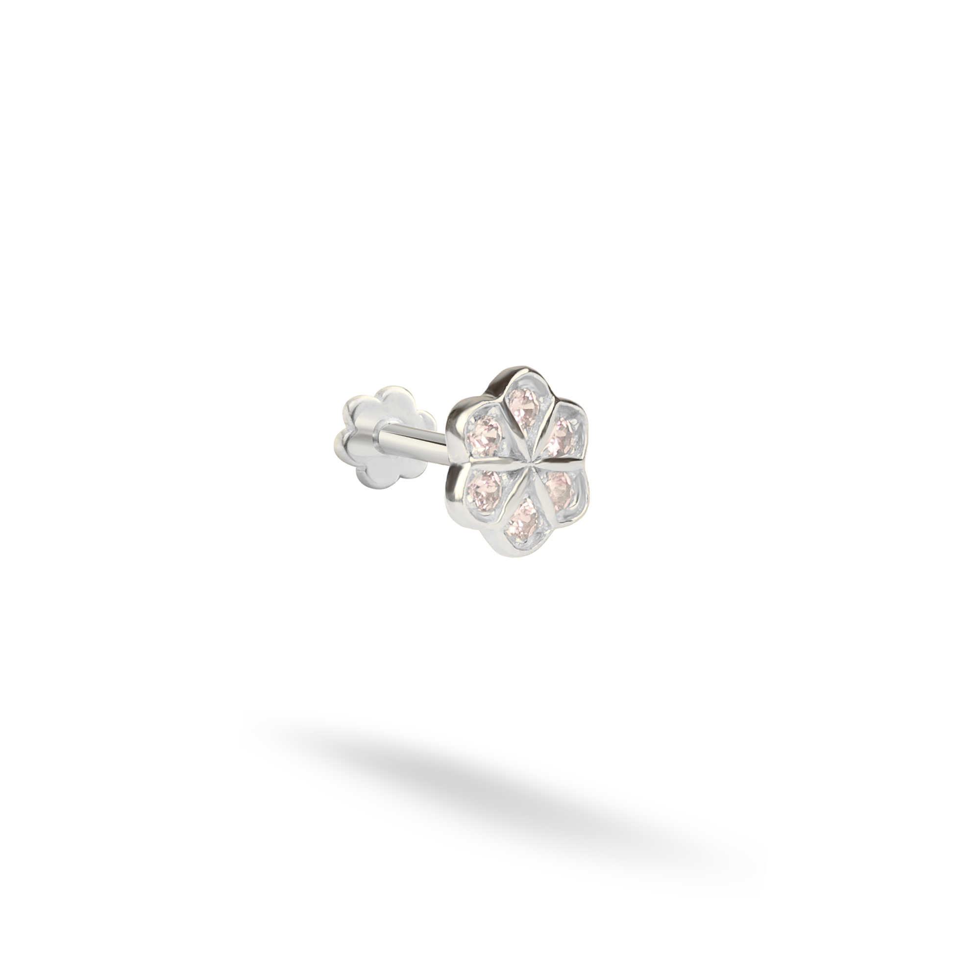 14K Gold Flatback Ear Piercing with Pink Flower and CZ Stone