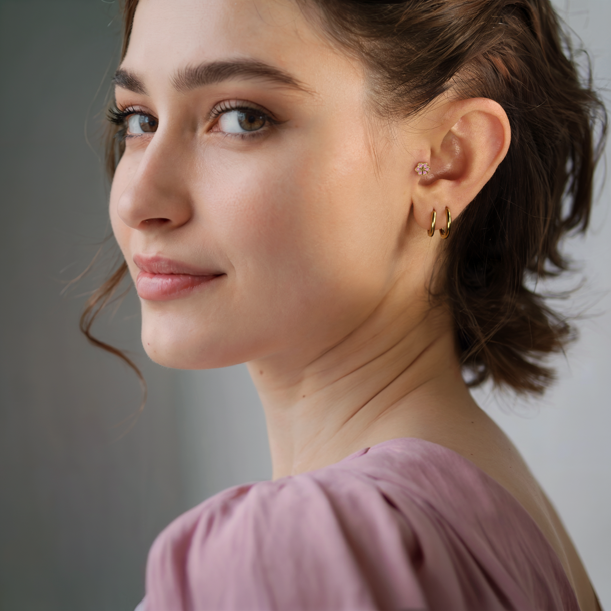 14K Gold Flatback Ear Piercing with Pink Flower and CZ Stone