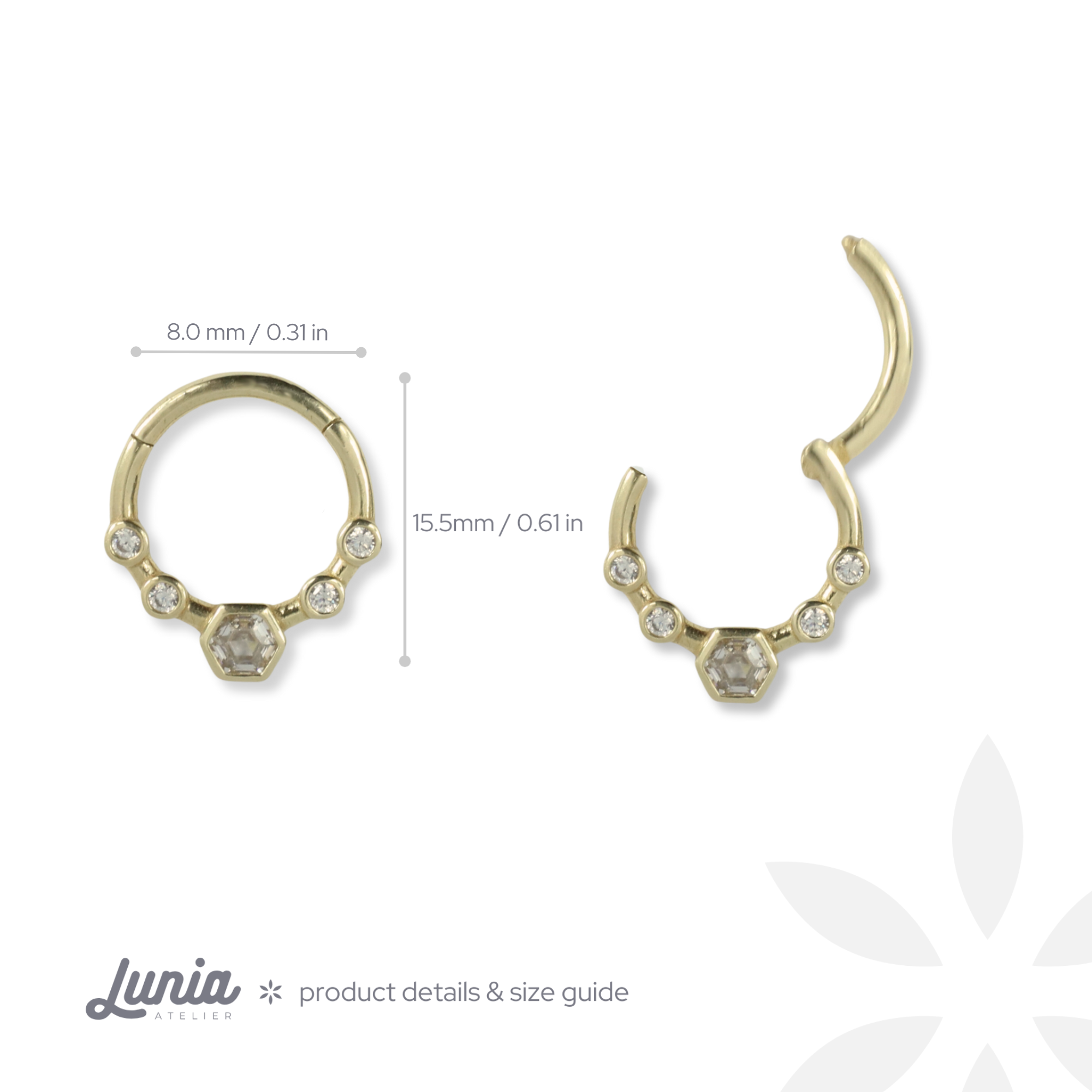 Hexa Clicker Hoop Ear Piercing 14K Gold CZ Stone