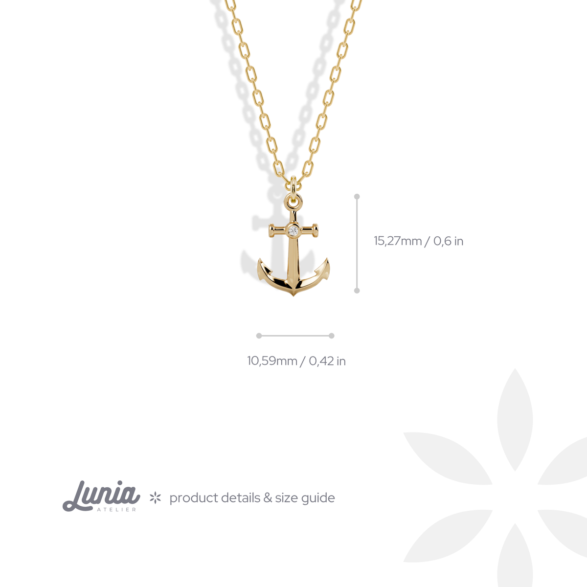 Anchor charm size reference, 15.27 mm top to bottom and 10.59 mm between the arms