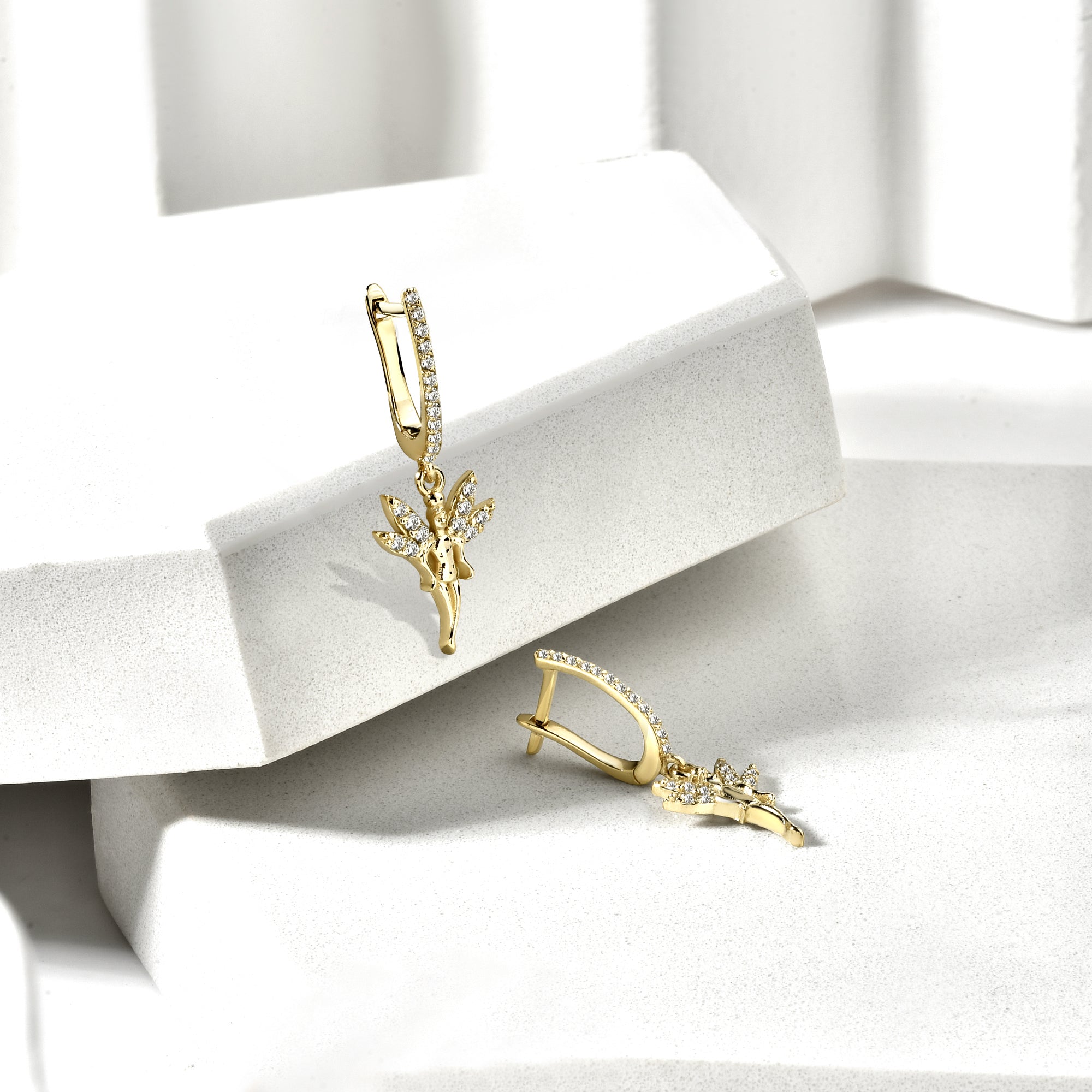 Angel Girl Dangling Diamond Earrings 14K Gold