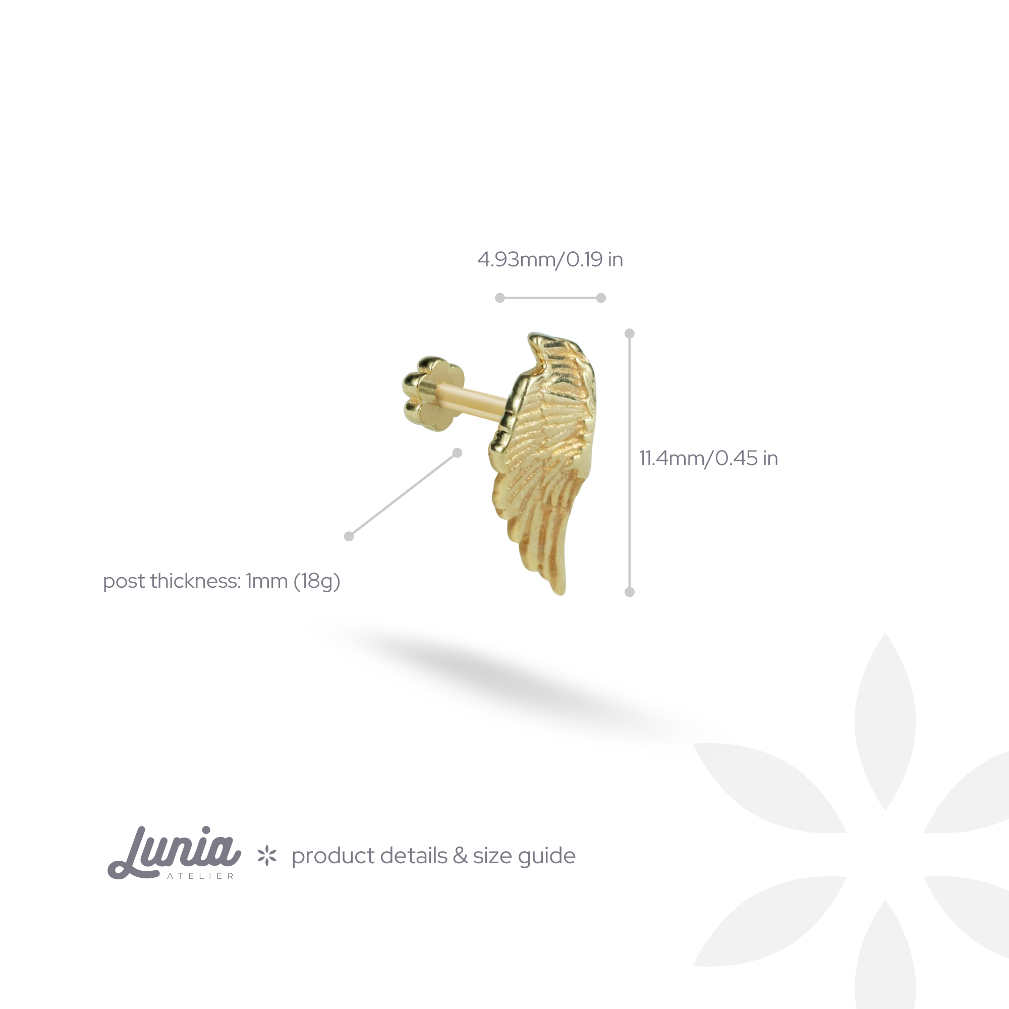 Angel Wing Flatback Ear Piercing 14K Gold