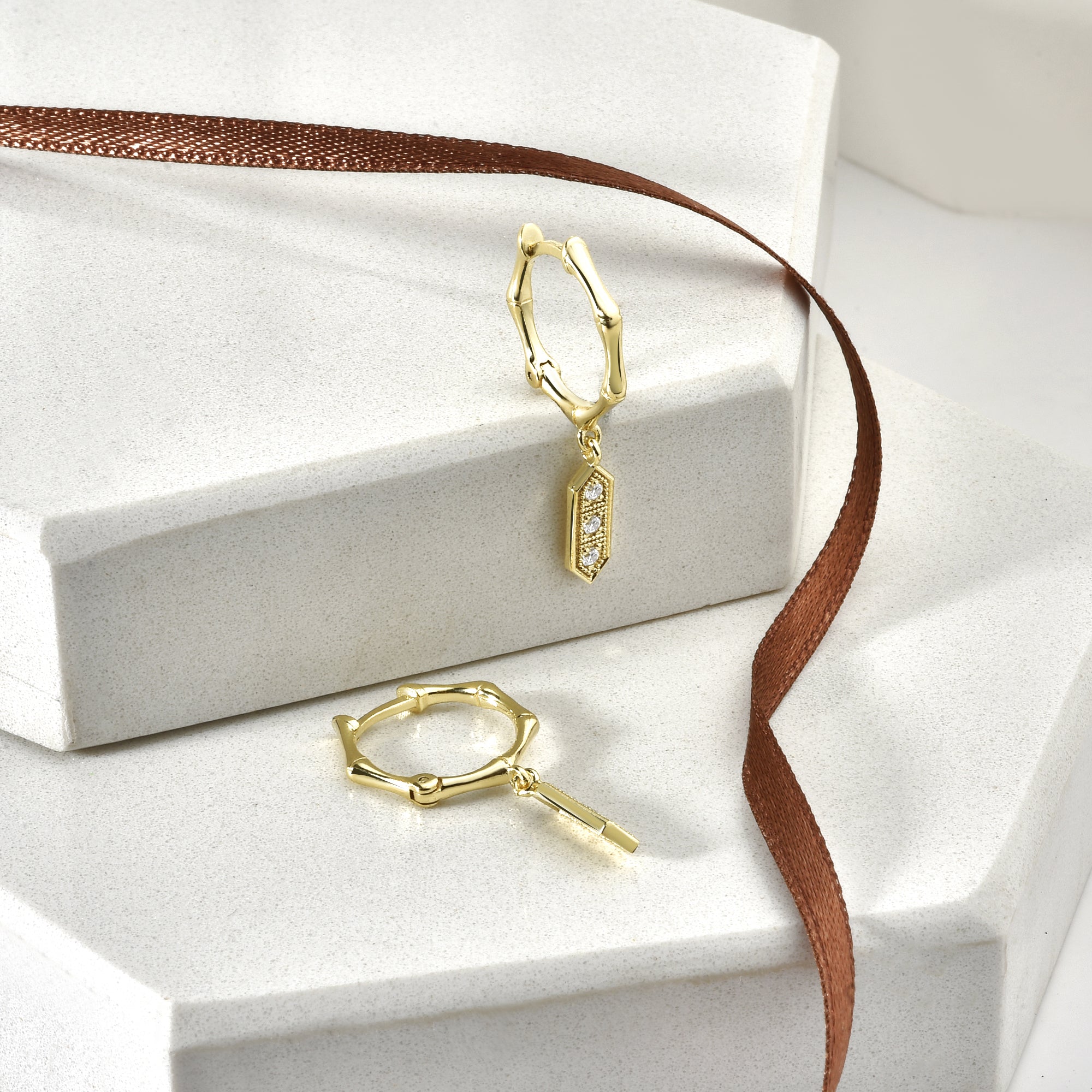 Angular Dangle Diamond Hoops Earrings 14K Gold