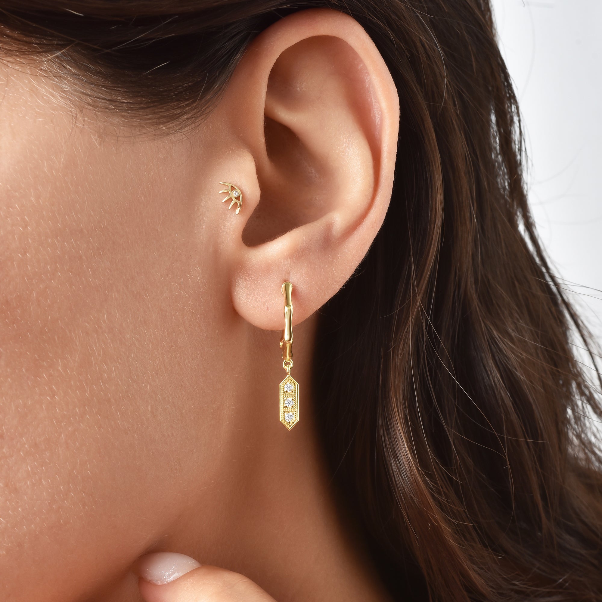 14K Gold Angular Diamond Dangle Hoop Earrings