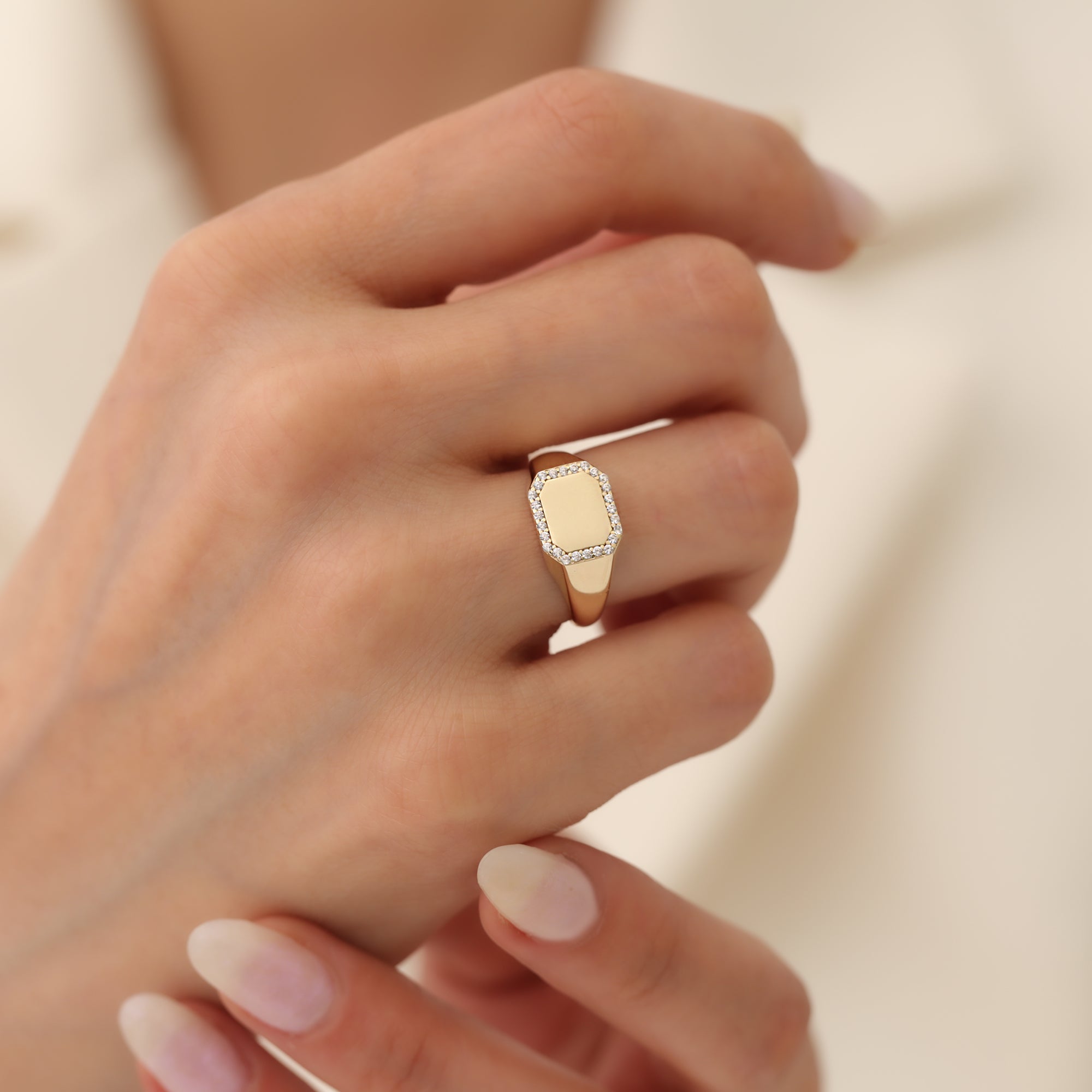 14K Gold Angular Diamond Signet Ring