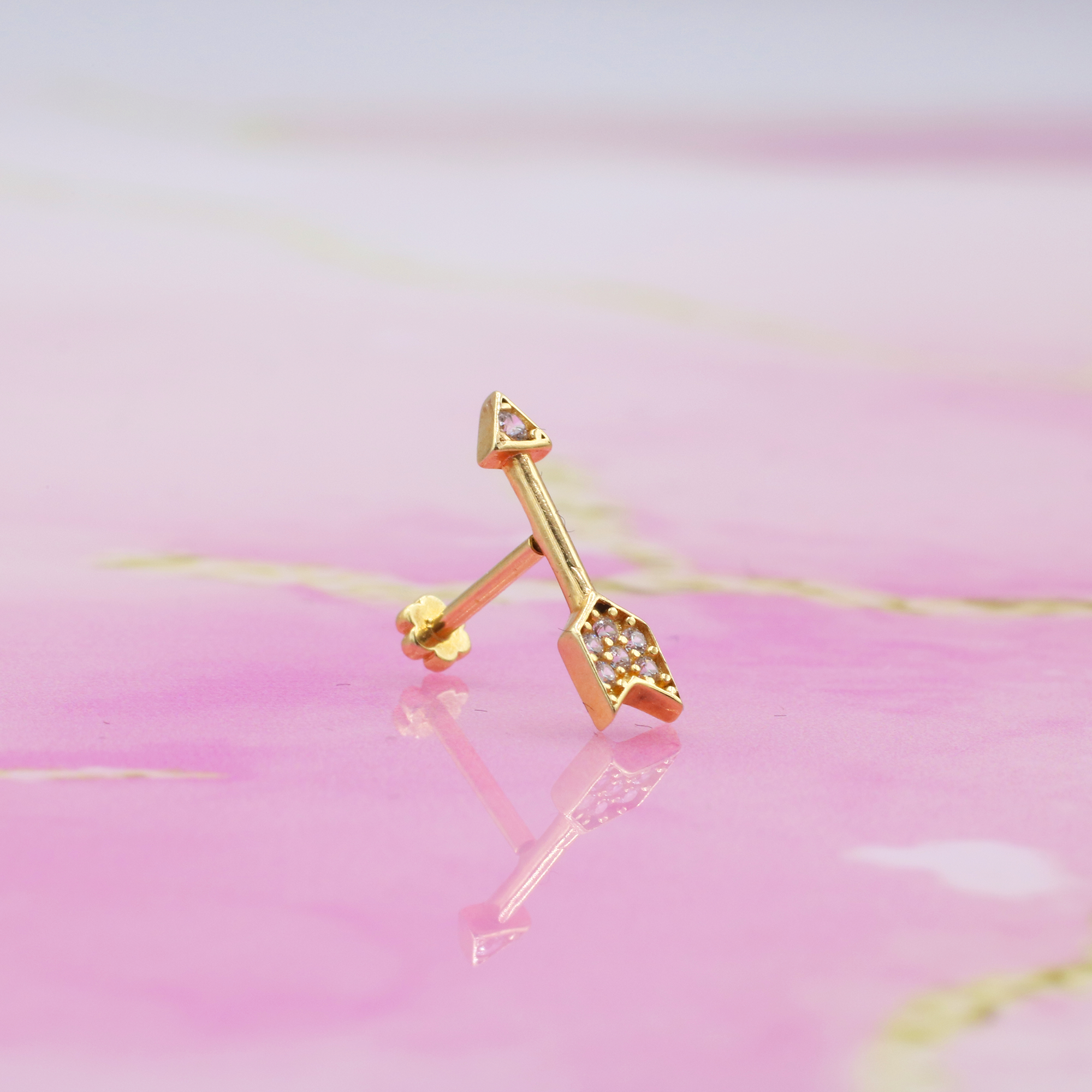 Arrows Flatback Ear Piercing 14K Gold with CZ Stone