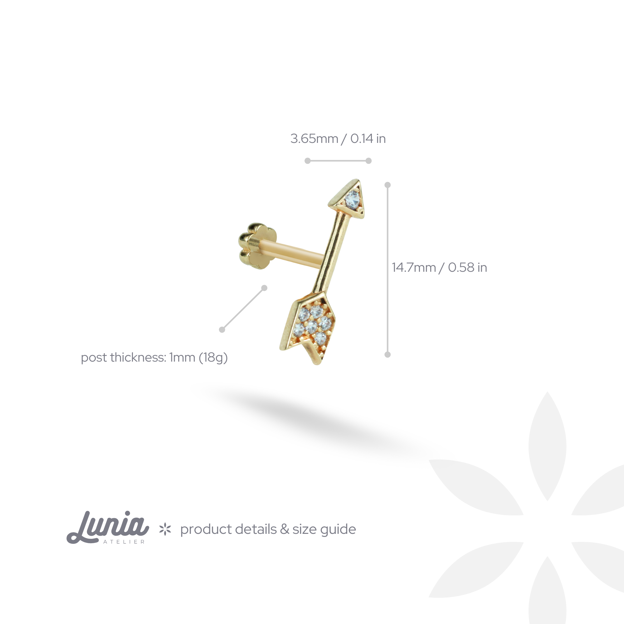 Arrows Flatback Ear Piercing 14K Gold with CZ Stone