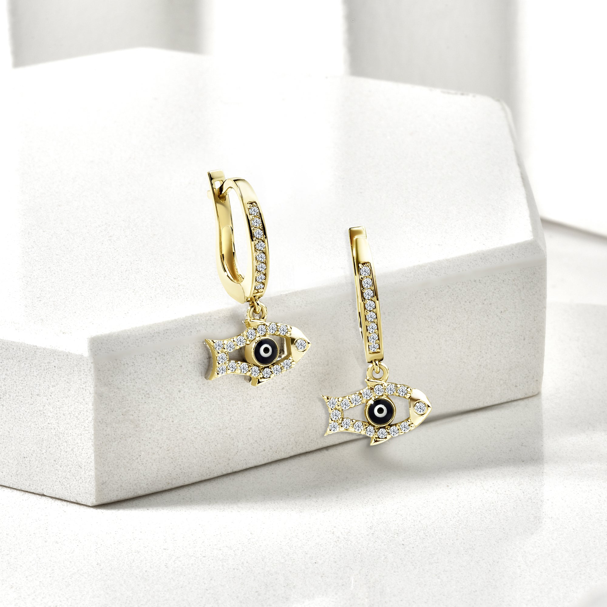 Beaded Fish Dangling Diamond Earrings 14K Gold