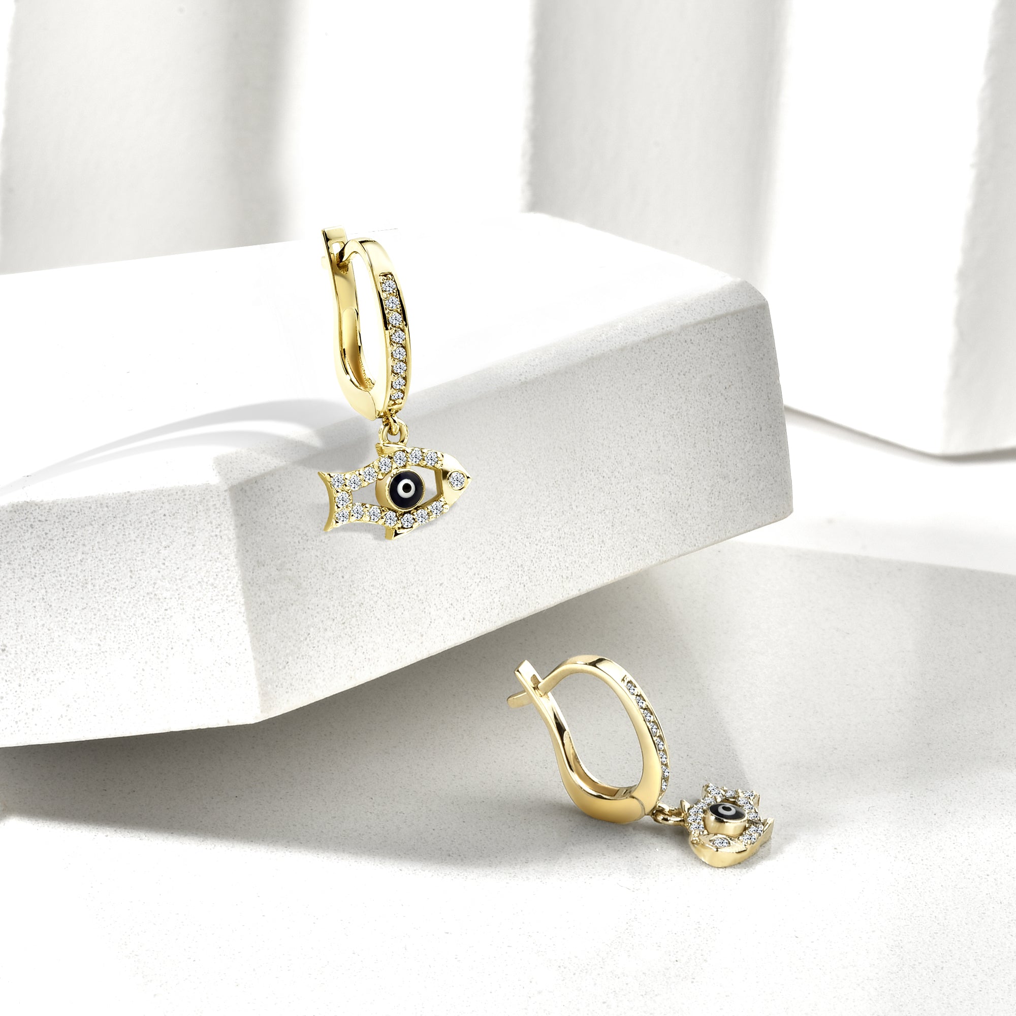 Beaded Fish Dangling Diamond Earrings 14K Gold