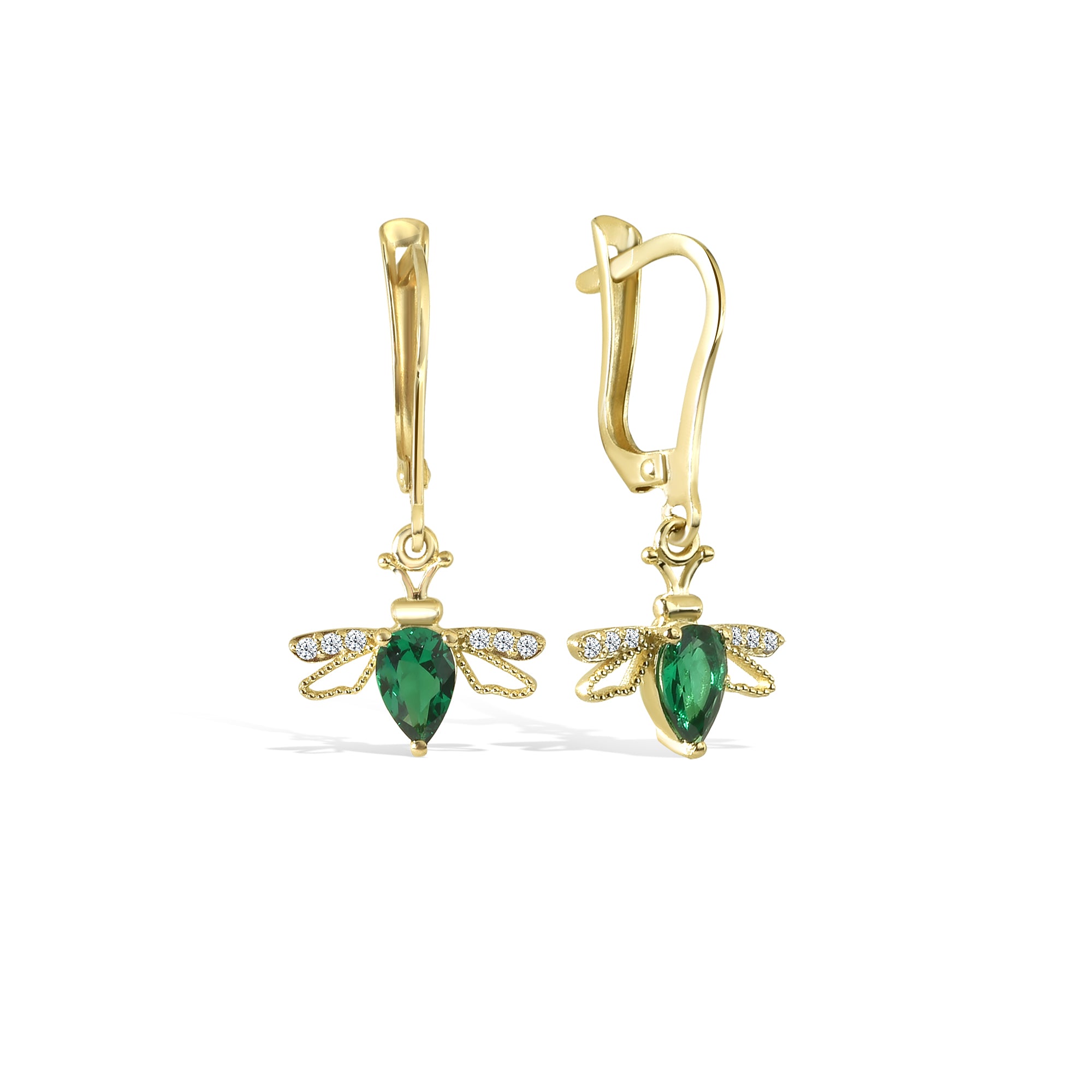 Bee Dangle Diamond Hoops Earrings 14K Gold