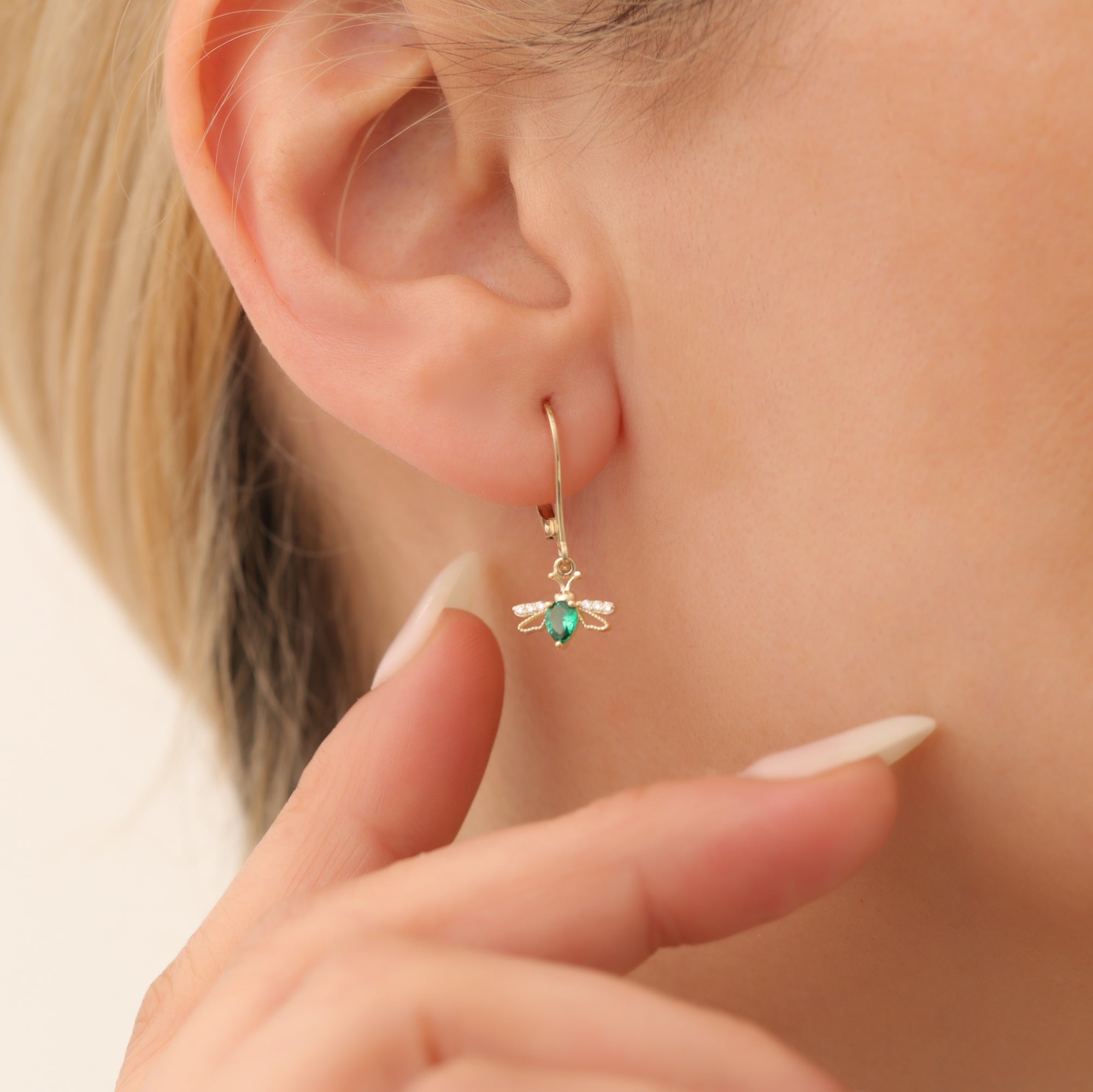 Bee Dangle Diamond Hoops Earrings 14K Gold