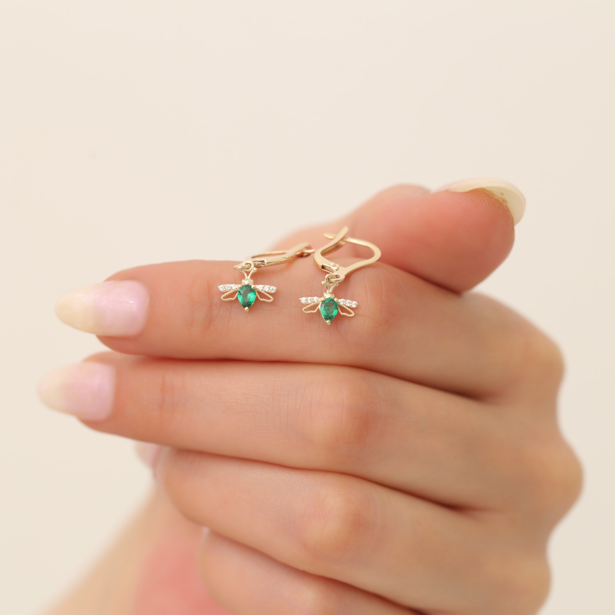 Bee Dangle Diamond Hoops Earrings 14K Gold