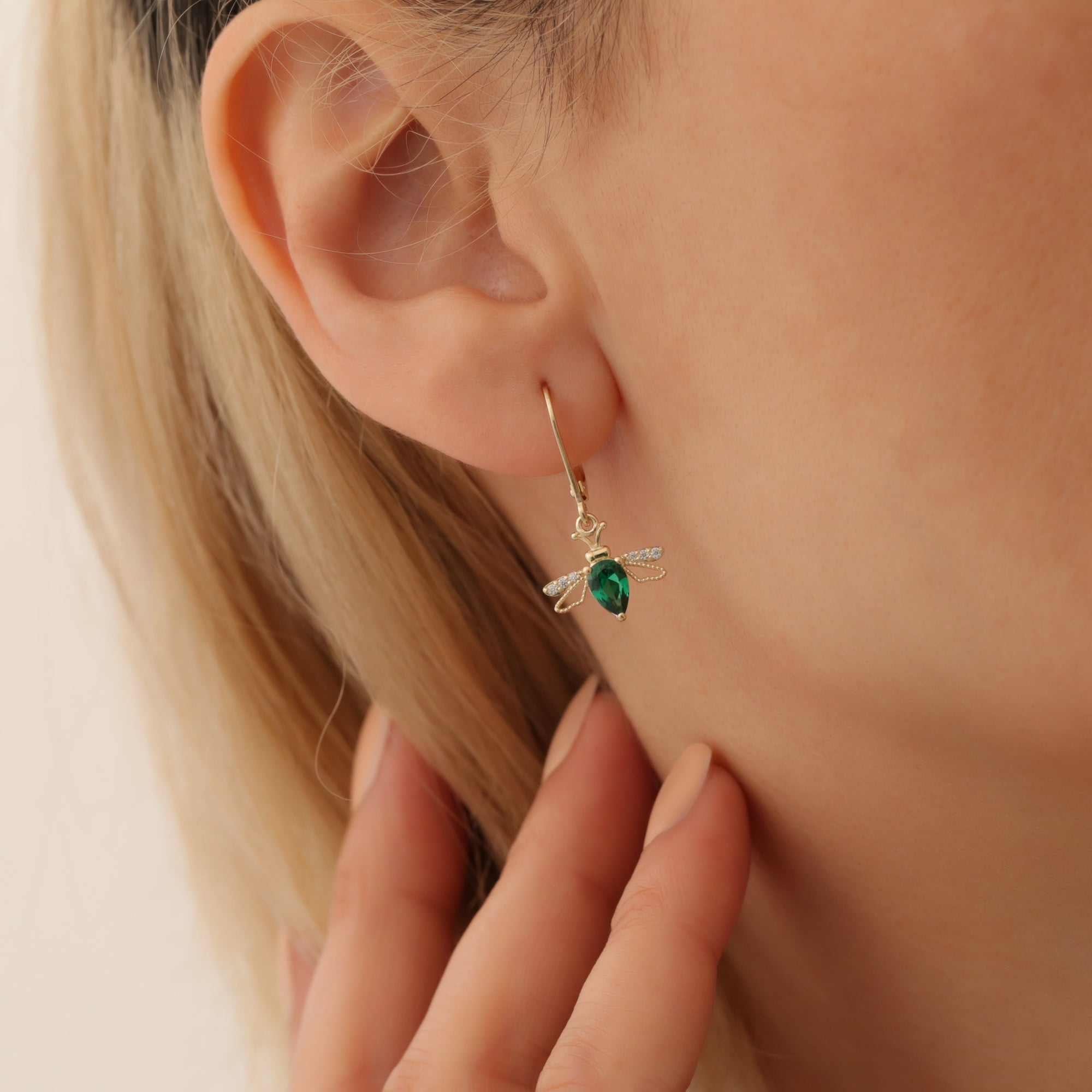 Bee-Inspired Dangle Diamond Hoops in 14K Gold