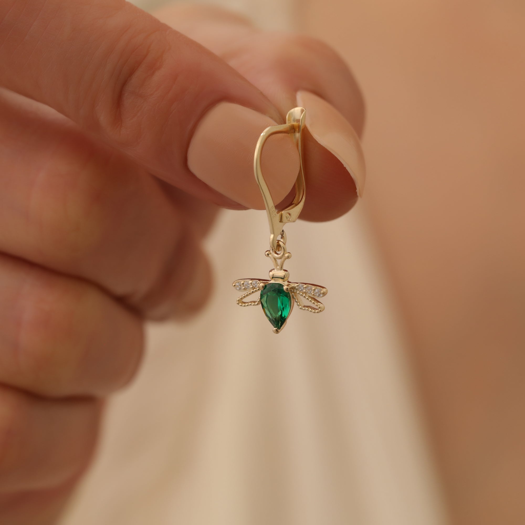 Bee Dangle Diamond Hoops Earrings 14K Gold