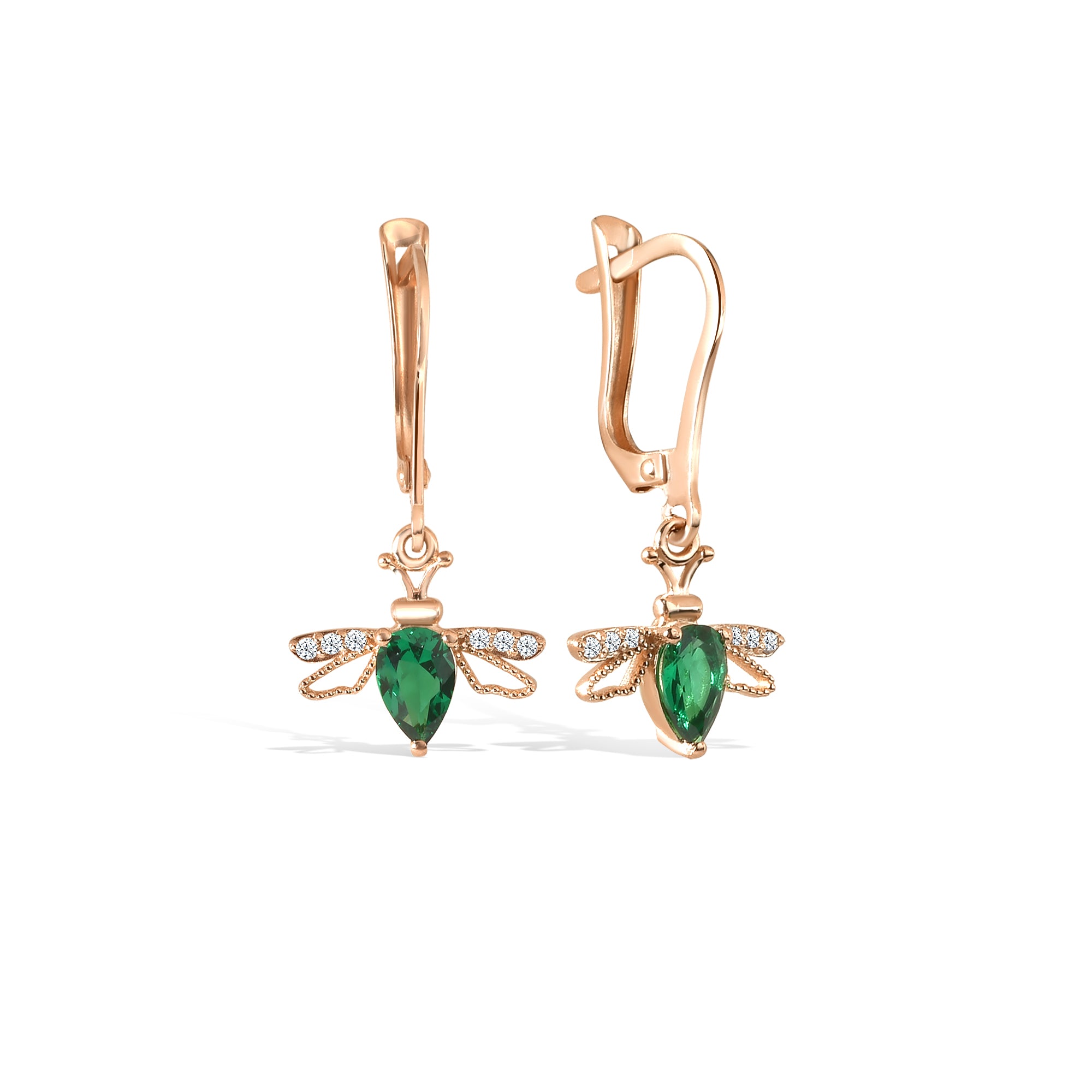 Bee Dangle Diamond Hoops Earrings 14K Gold