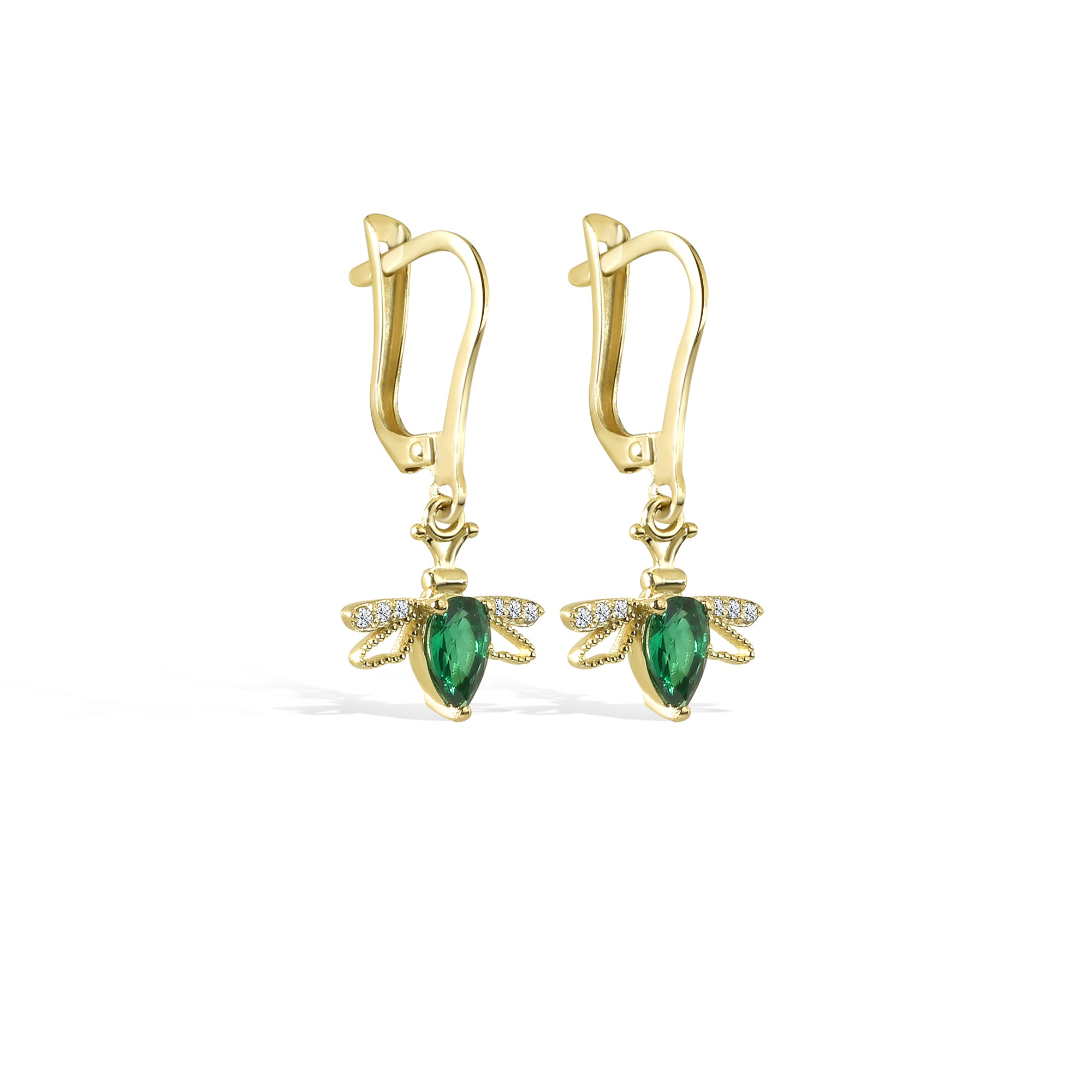 Bee Dangle Diamond Hoops Earrings 14K Gold