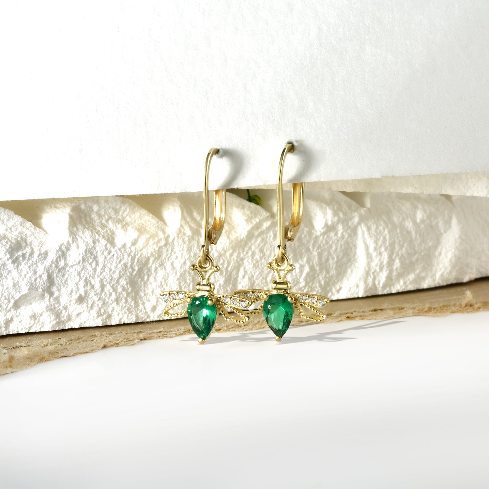 Bee Dangle Diamond Hoops Earrings 14K Gold