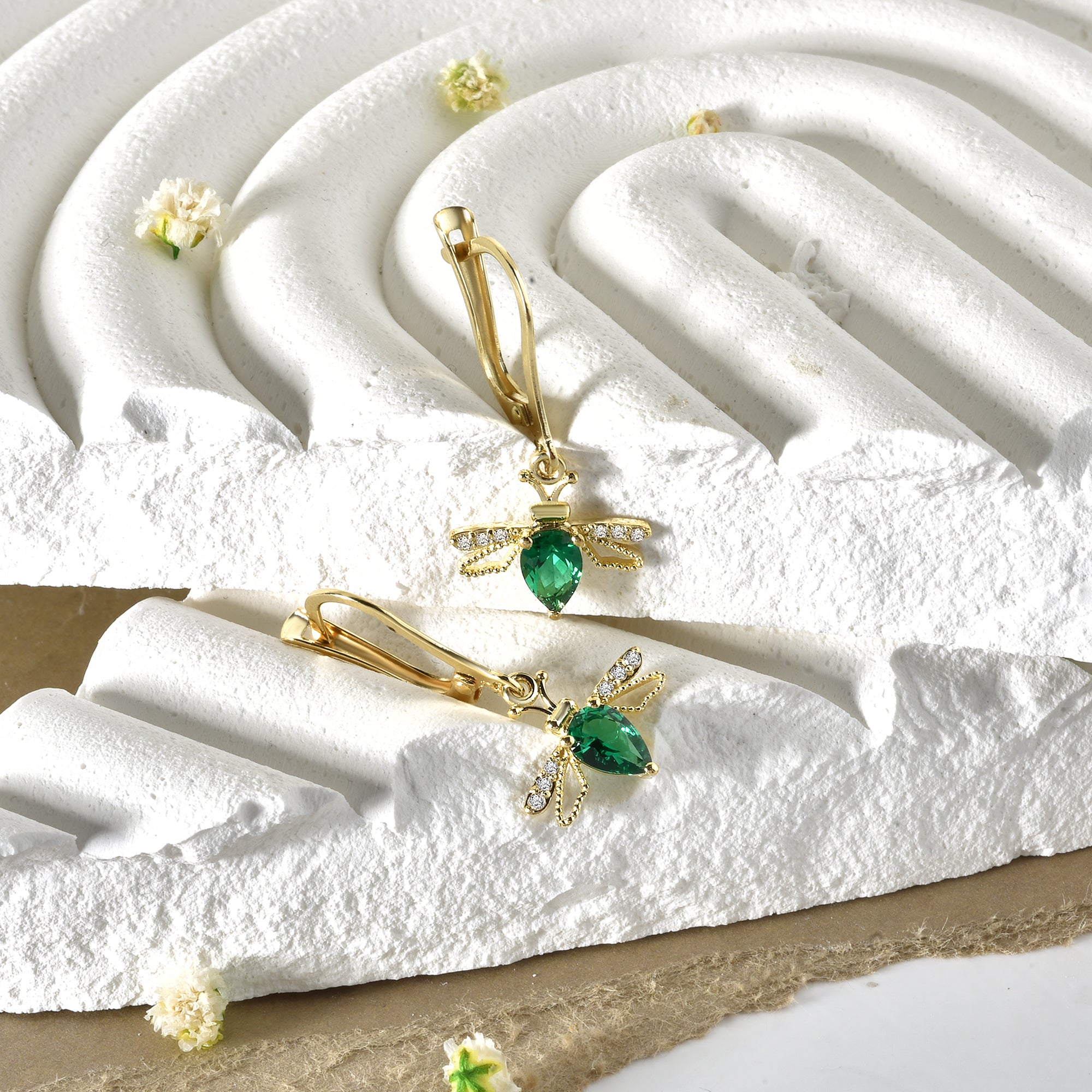 Bee Dangle Diamond Hoops Earrings 14K Gold