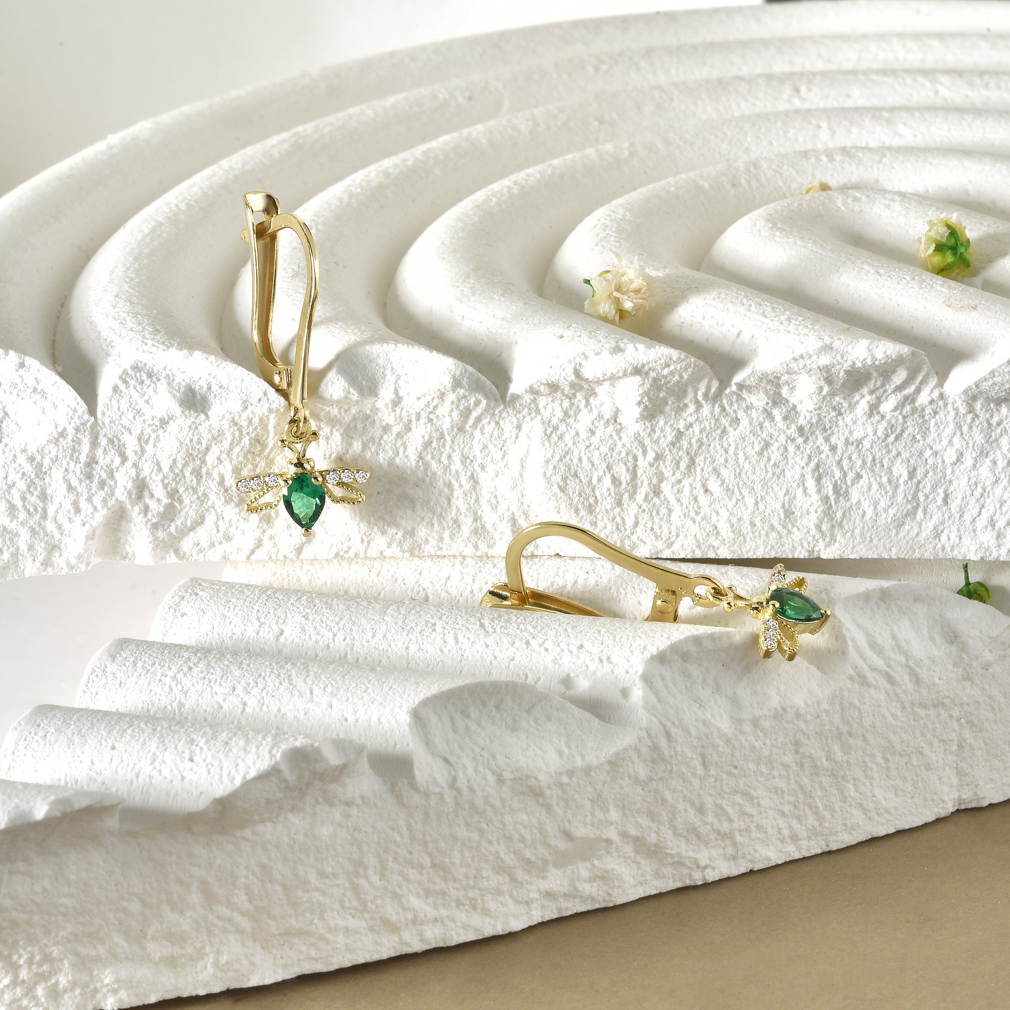 Bee Dangle Diamond Hoops Earrings 14K Gold