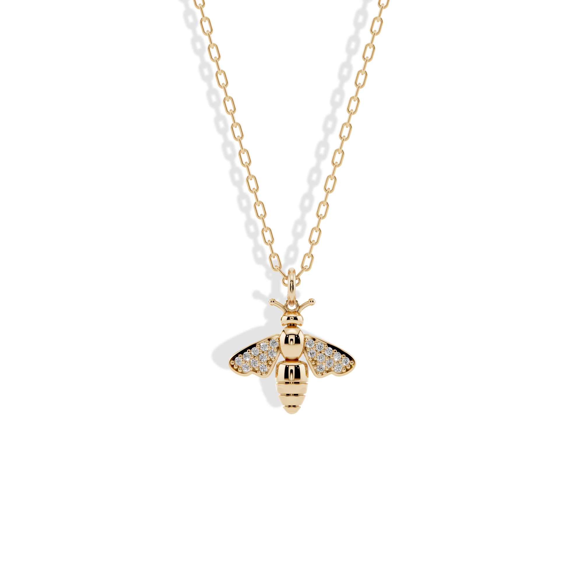Bee Stone Wing Pendant Necklace 14K Gold / Silver with wing stone detail. Hand crafted honey bee necklace inspired by animals and nature. Elegant everyday jewelry.