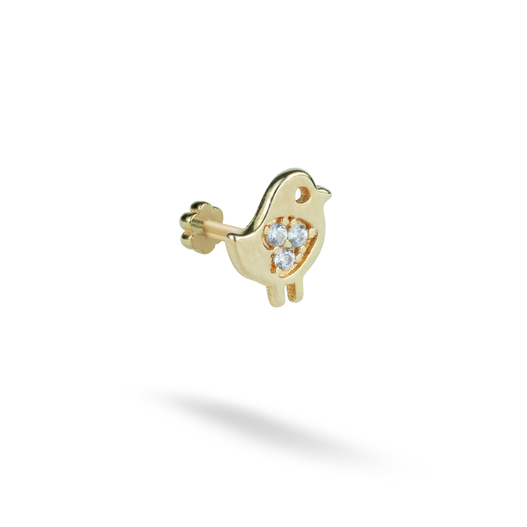 Bird Flatback Ear Piercing 14K Gold with CZ Stone