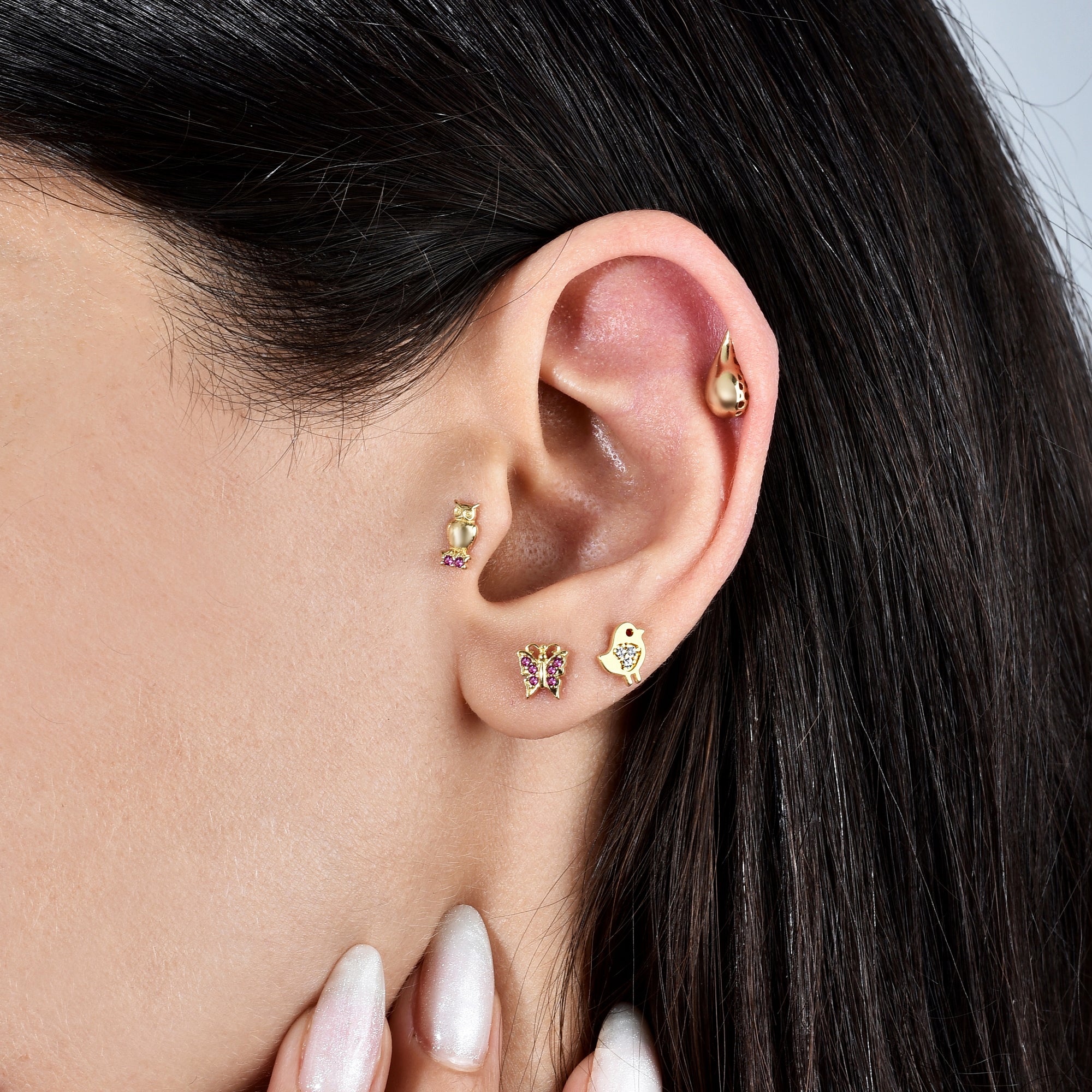 Feather Flatback Piercing 14K Gold with CZ Stone