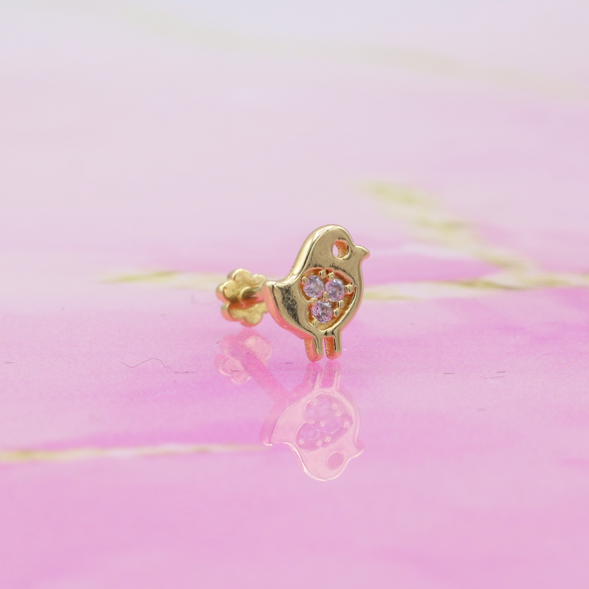 Bird Flatback Ear Piercing 14K Gold with CZ Stone
