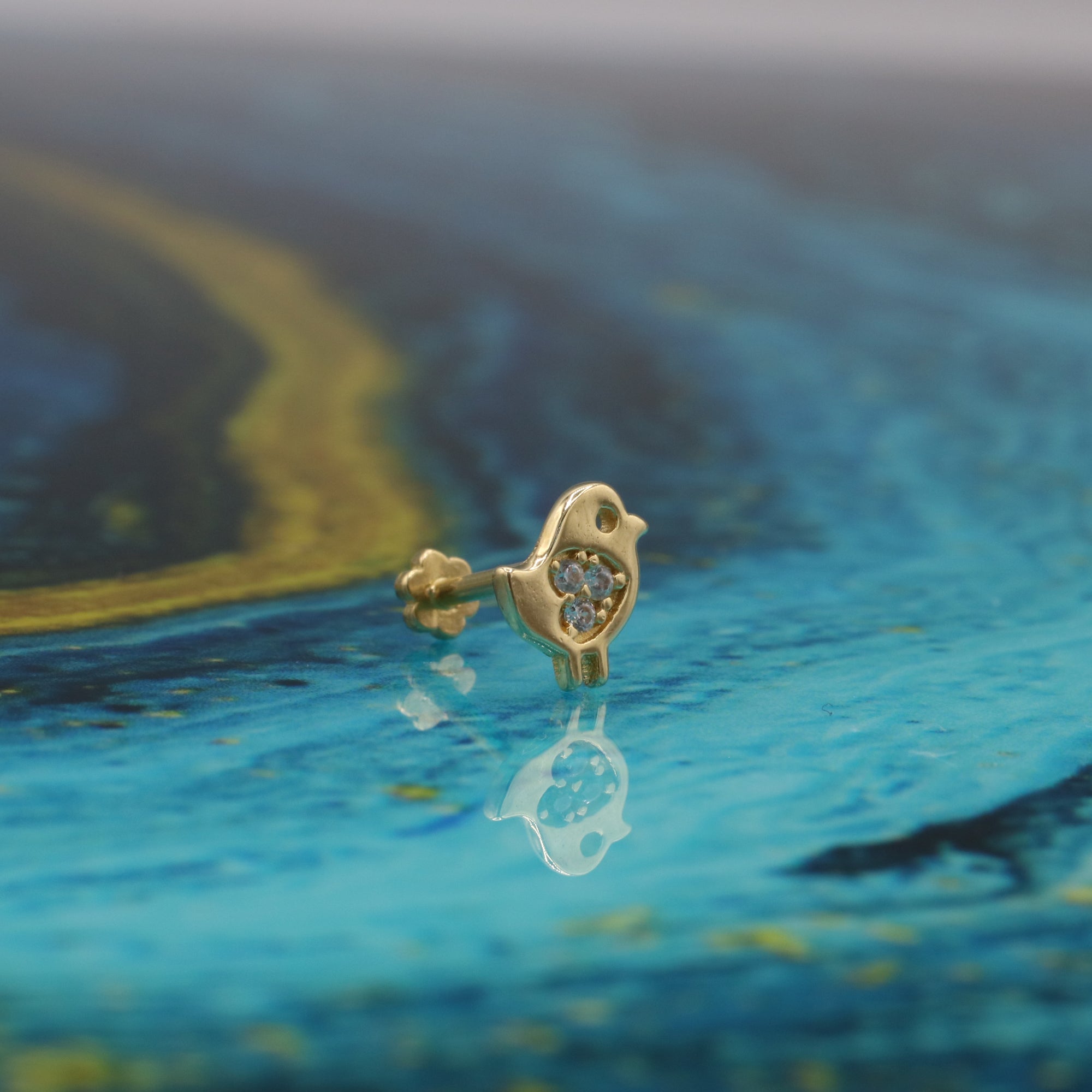 Bird Flatback Ear Piercing 14K Gold with CZ Stone