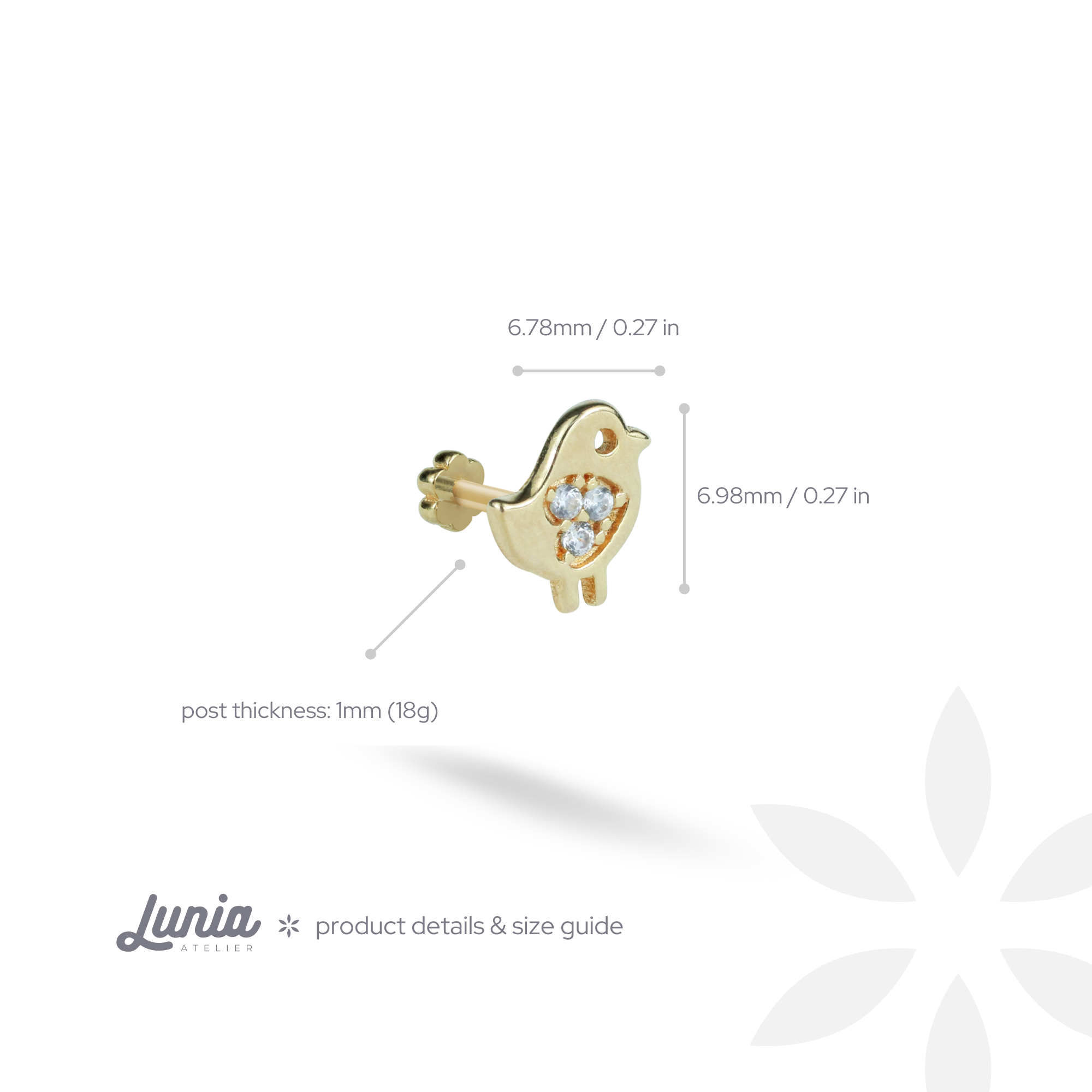 Bird Flatback Ear Piercing 14K Gold with CZ Stone