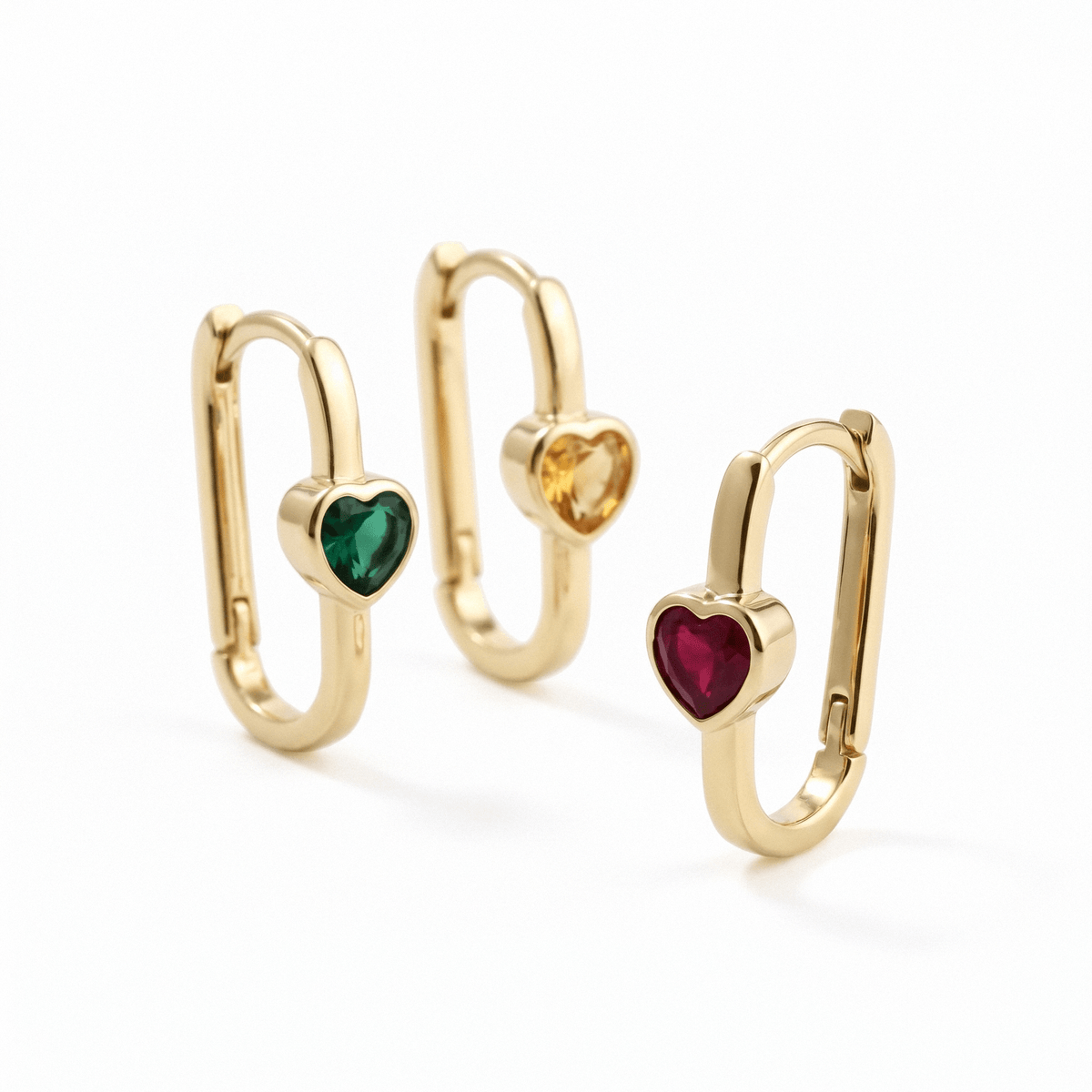 Birthstone Gemstone Custom Rectangle Heart Hoop Earrings 14K Gold / Silver