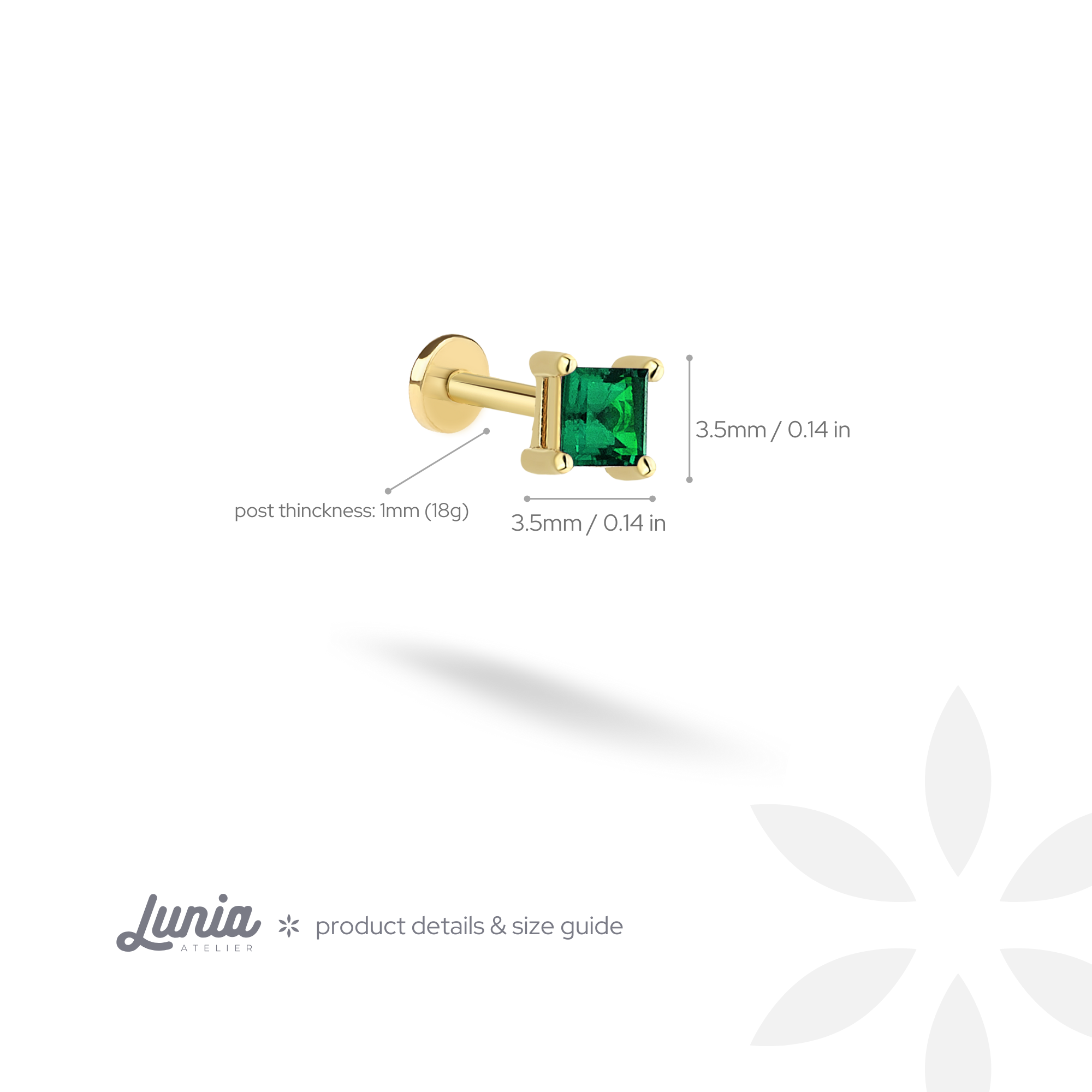 Birthstone Gemstone Custom Square Flatback Ear Piercing 14K Gold