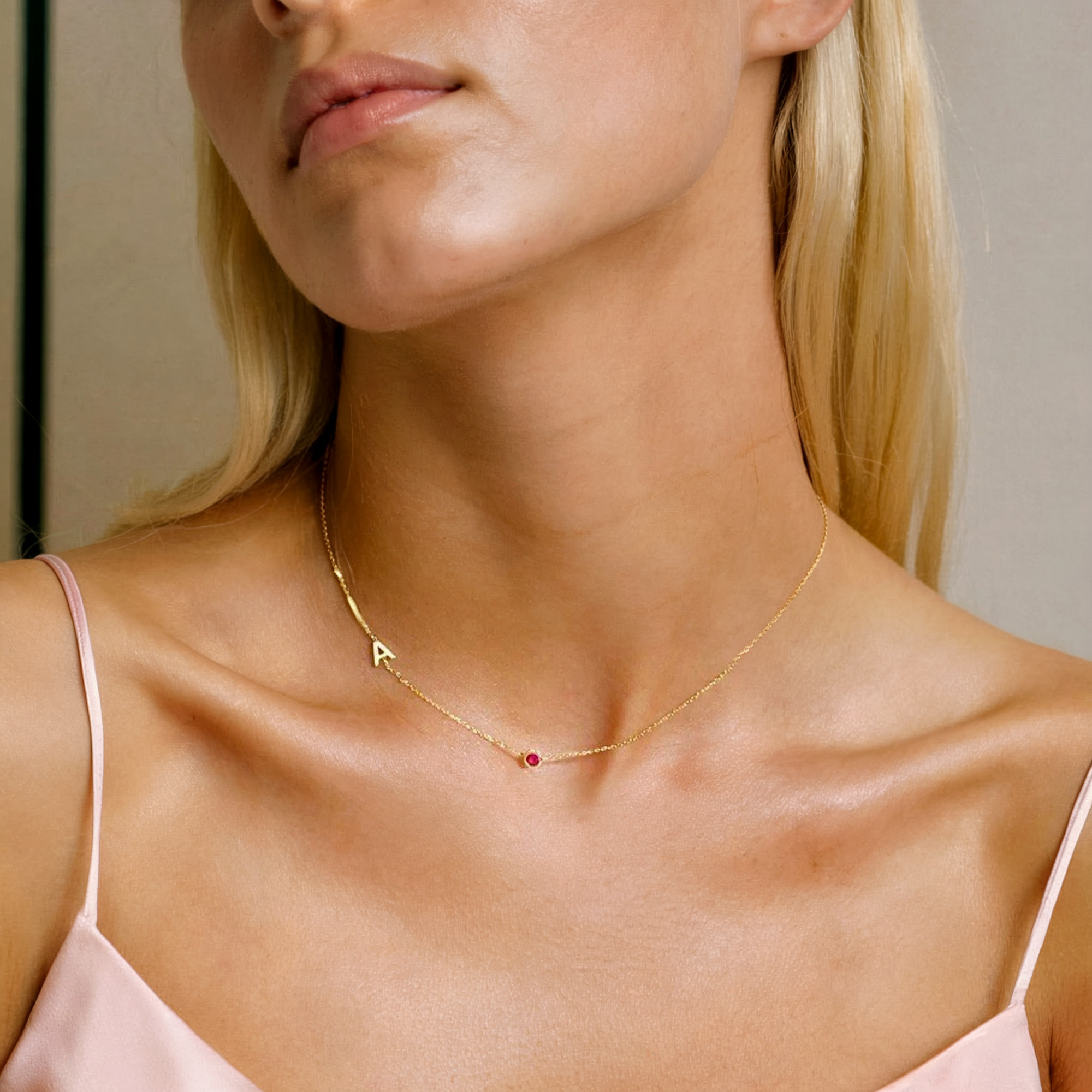 Birthstone Initial Letter Custom Necklace 14K Gold