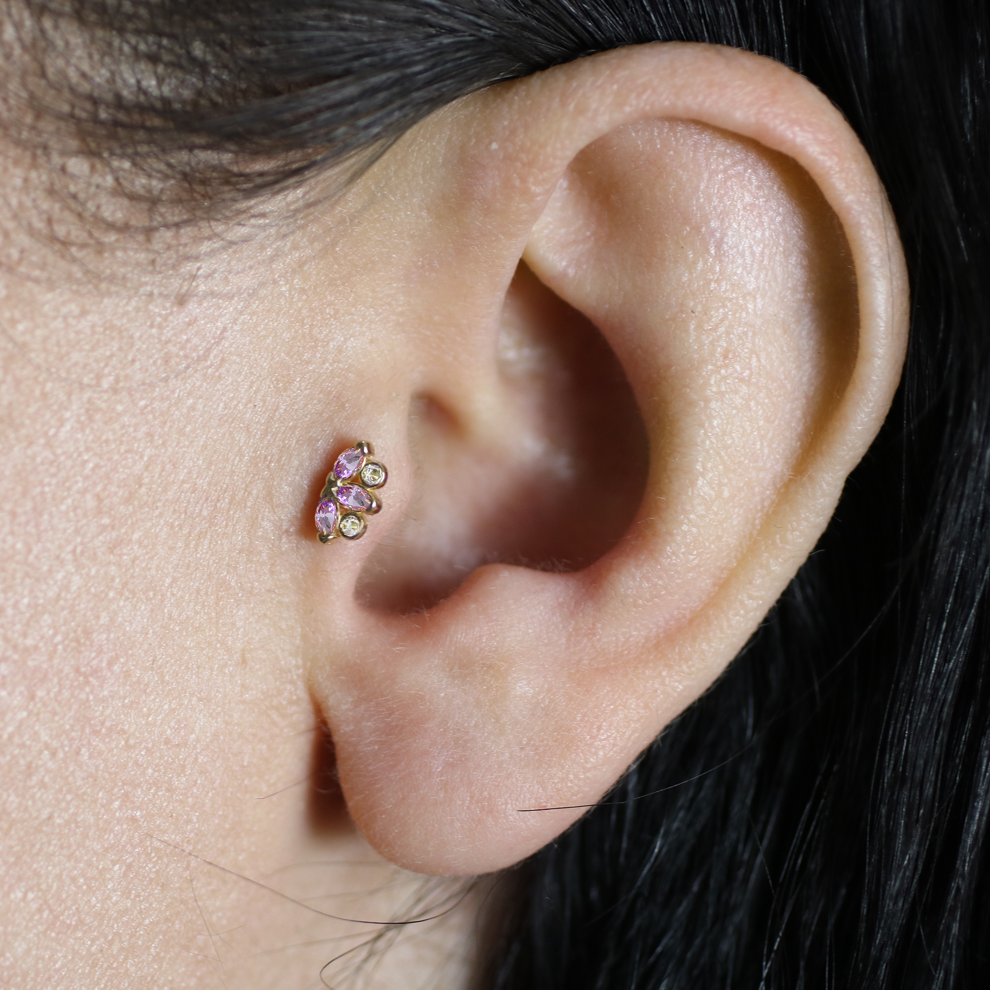 Floral Flatback Ear Piercing 14K Gold with CZ Stone