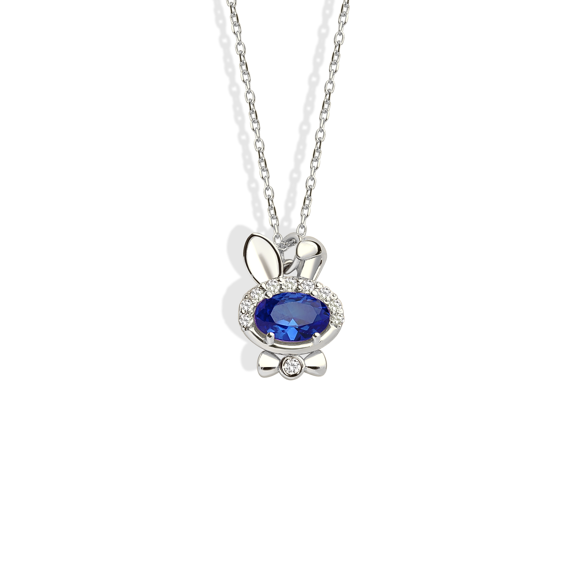 Blue Bow Tie Rabbit Necklace Diamond 14K Gold / Silver