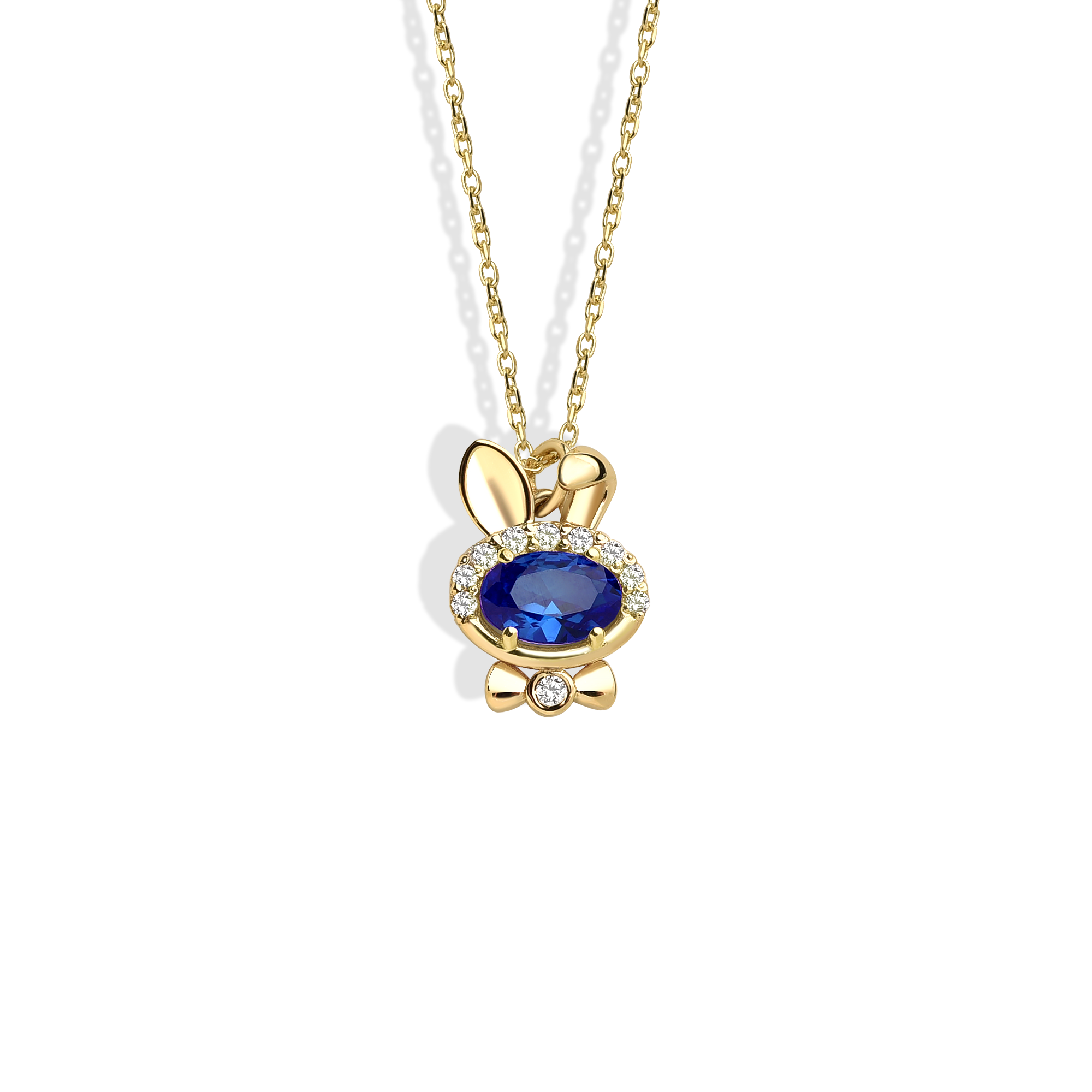 Blue Bow Tie Rabbit Necklace 14K Gold / Silver with blue stone charm bunny pendant