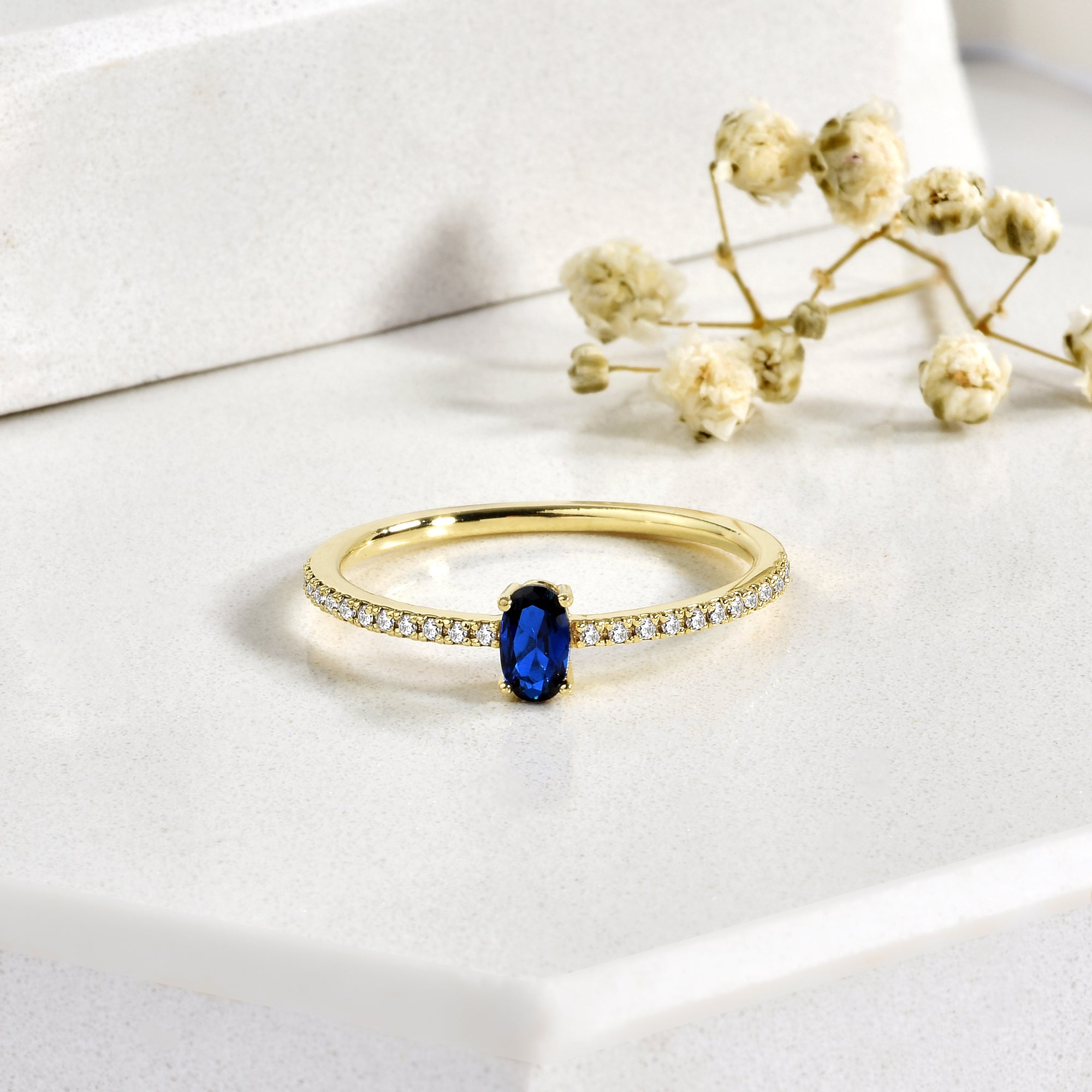 Blue Oval Single Row Diamond Ring 14K Gold