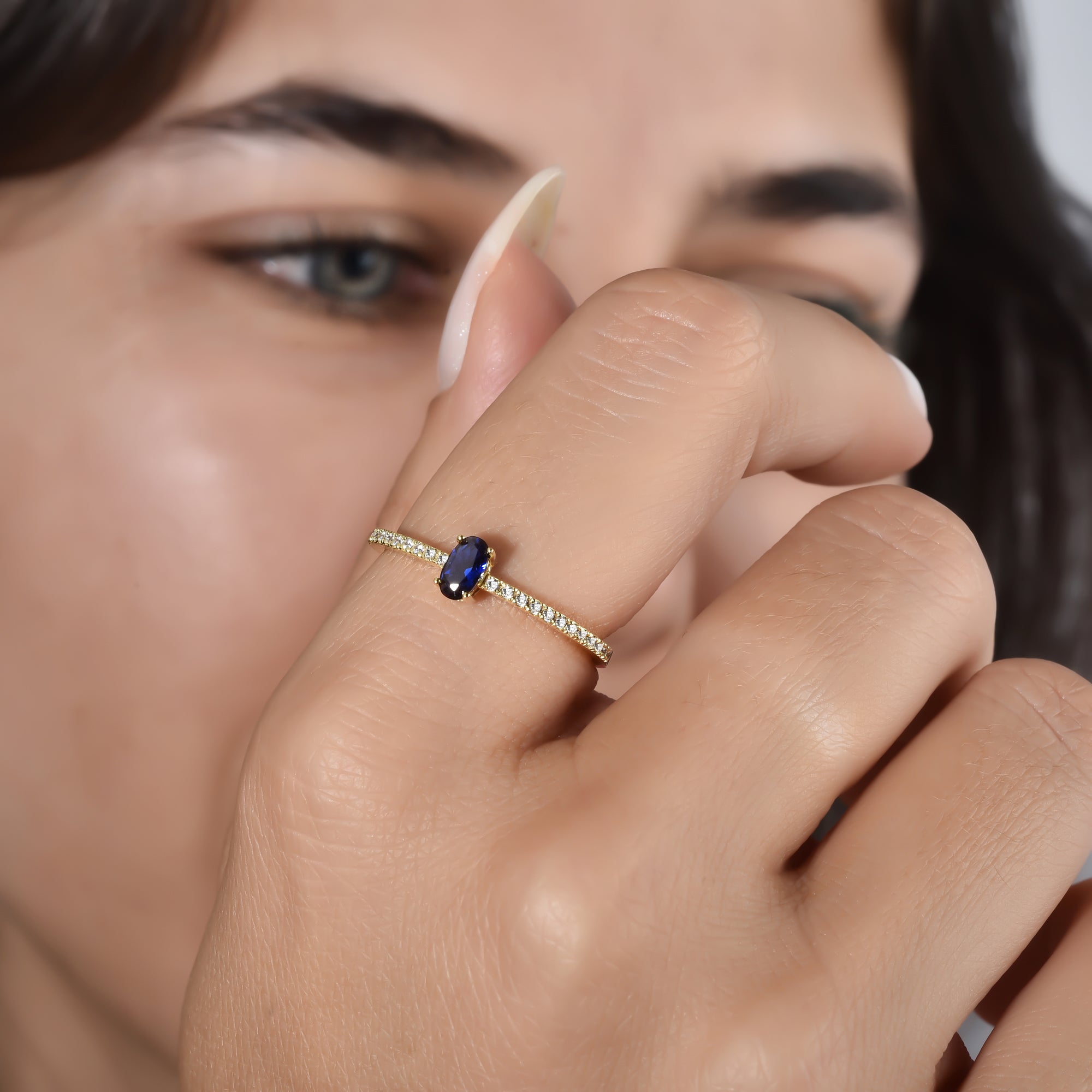 14K Gold Oval Cut Blue Diamond Ring