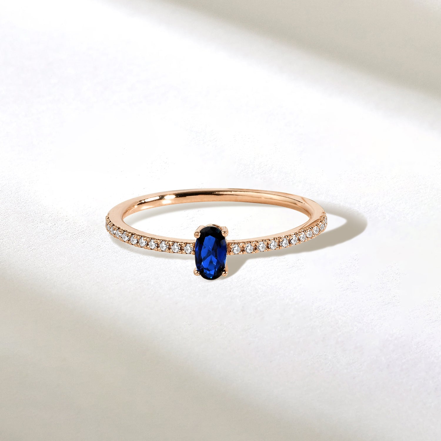 Blue Oval Single Row Diamond Ring 14K Gold