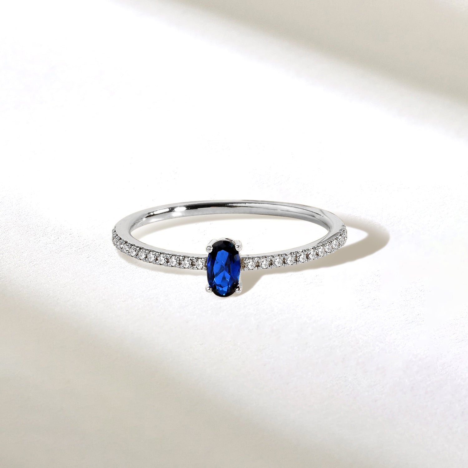 Blue Oval Single Row Diamond Ring 14K Gold