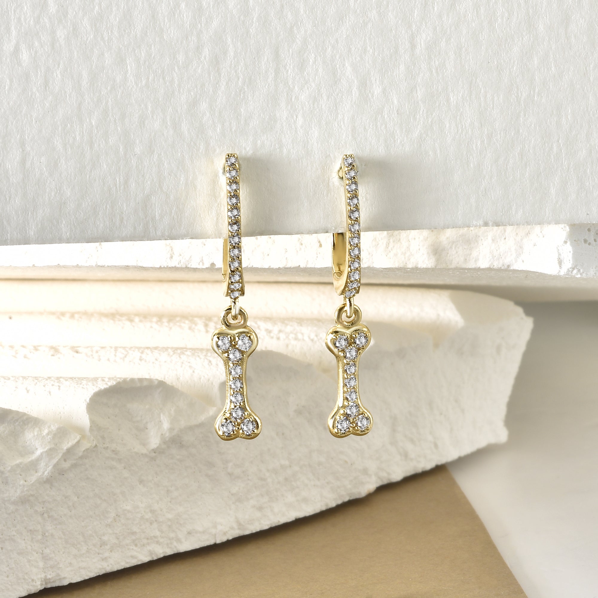 Bone Hinged Dangle Diamond Hoops Earrings 14K Gold